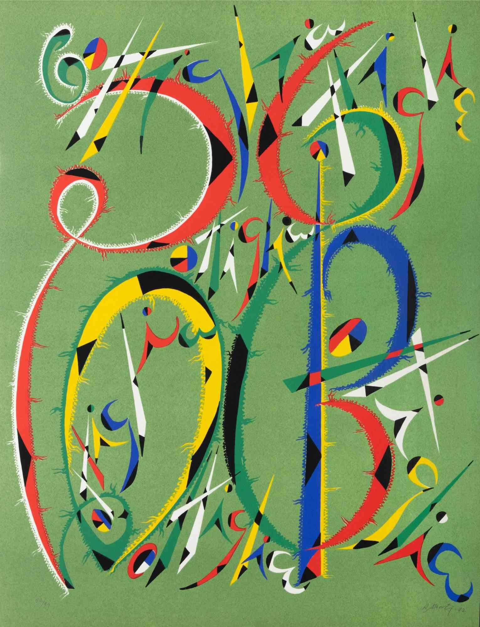 Letter B by Rafael Alberti, from Alphabet series,  is a lithograph, realized by Rafael Alberti in 1972.

Hand signed and dated on the lower right margin. Numbered on the lower left.

Editioon of 52/99

The artwork represents the letter B, with a