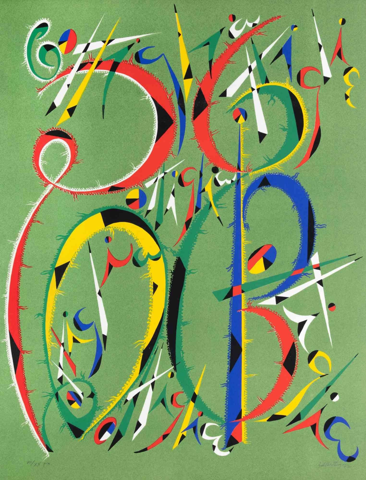 Letter B by Rafael Alberti, from Alphabet series,  is a lithograph, realized by Rafael Alberti in 1972.

Hand signed and dated on the lower right margin. Numbered on the lower left.

Editioon of VII/XX

The artwork represents the letter B, with a
