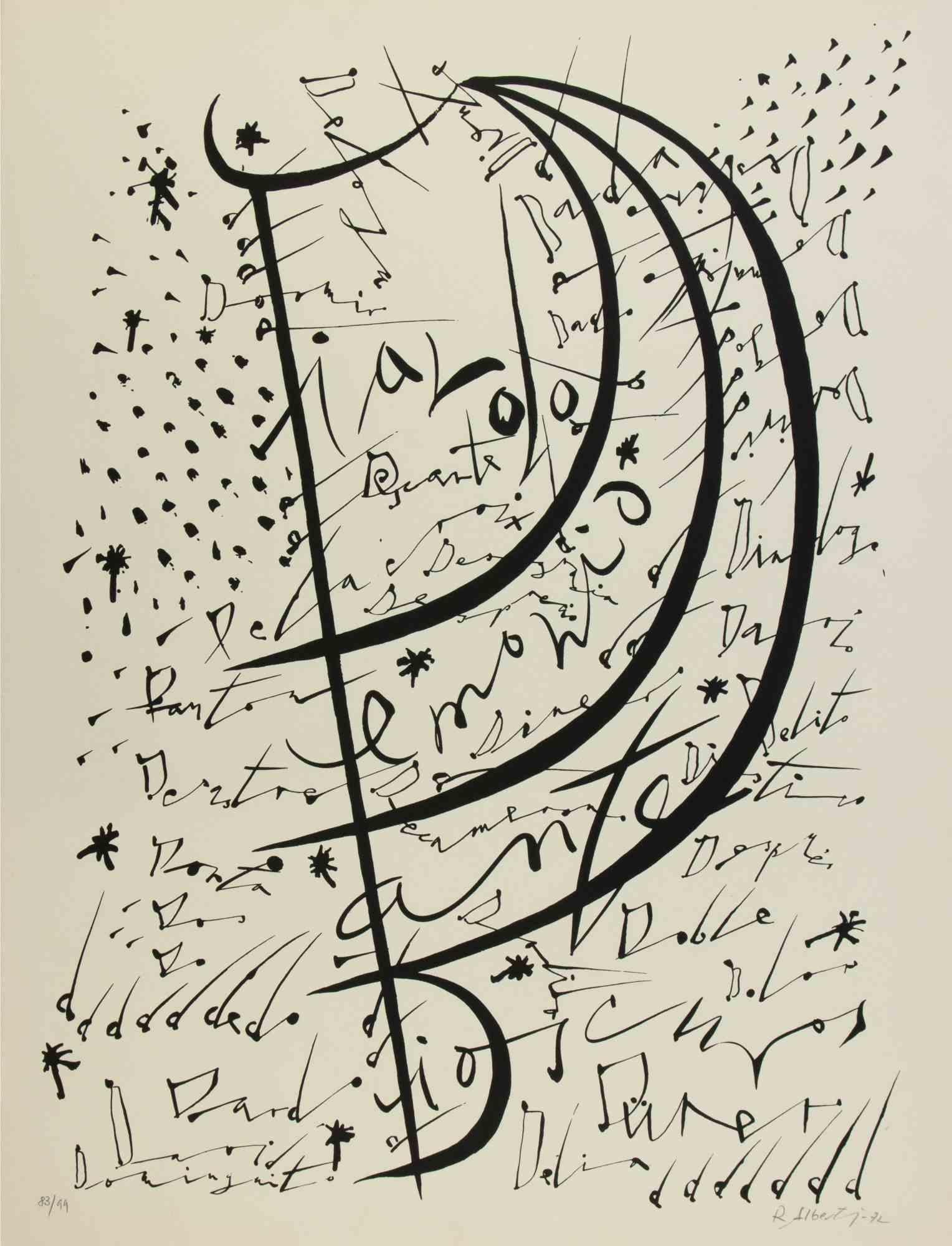 La lettera D della serie Alphabet è una litografia realizzata da Rafael Alberti nel 1972.

Firmato a mano e datato sul margine inferiore.

Numerato sul margine inferiore. Edizione di 99 esemplari.

Buone condizioni

L'opera d'arte rappresenta la