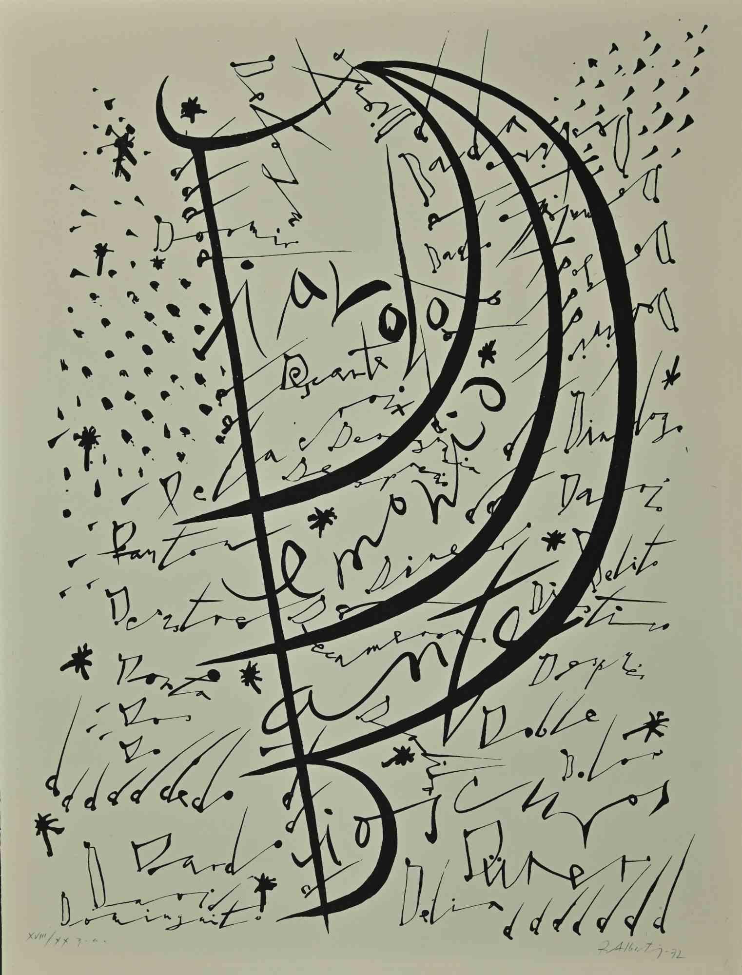 La lettera D , della serie Alphabet, è una litografia realizzata da Rafael Alberti nel 1972.

Firmato a mano e datato sul margine inferiore destro. 

Numerato a matita nella parte inferiore, da un'edizione di xx stampe.

Buone condizioni, con