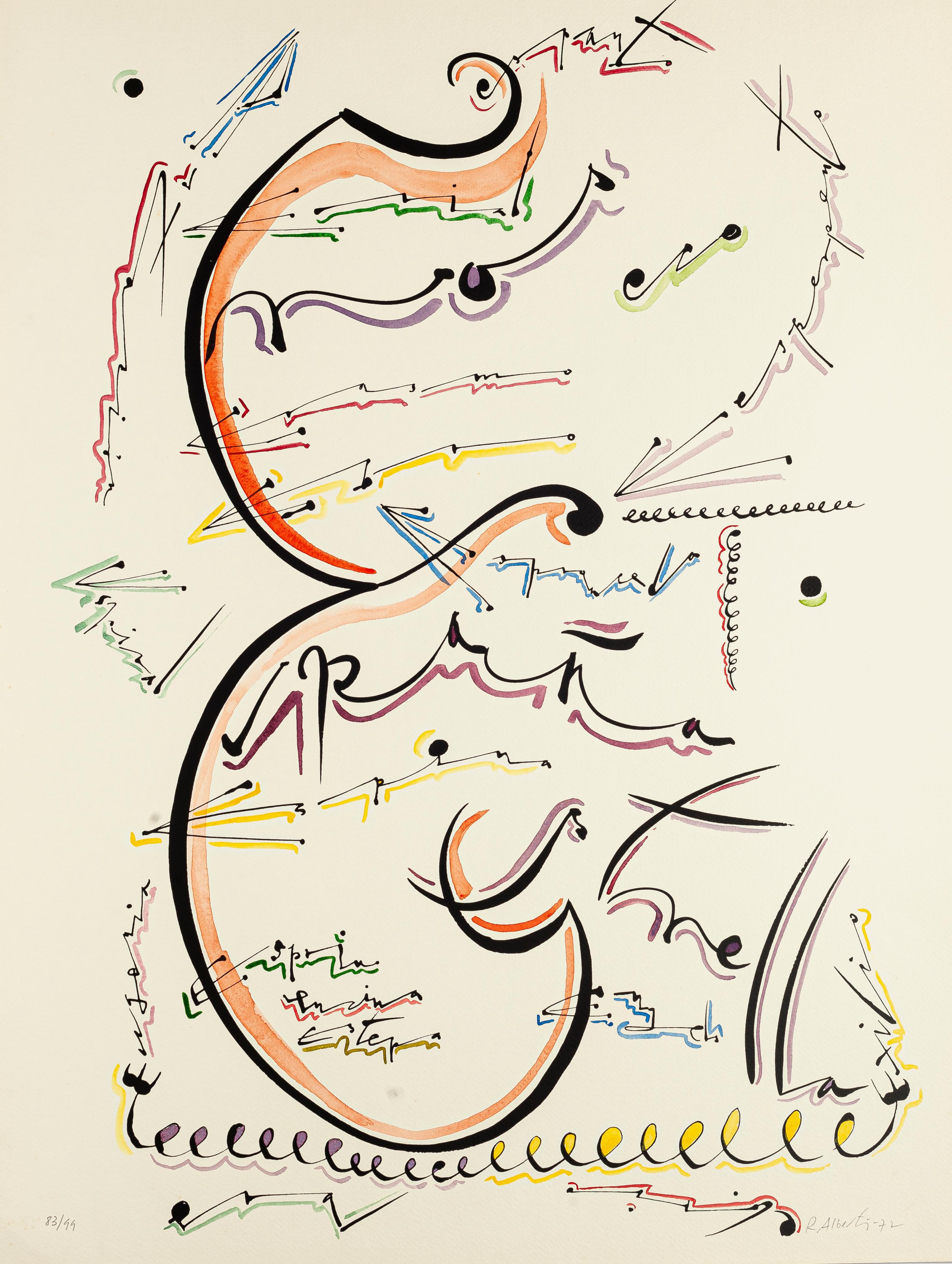 Rafael Alberti Abstract Print - Letter E - Original Hand-Colored Lithograph by Raphael Alberti - 1972