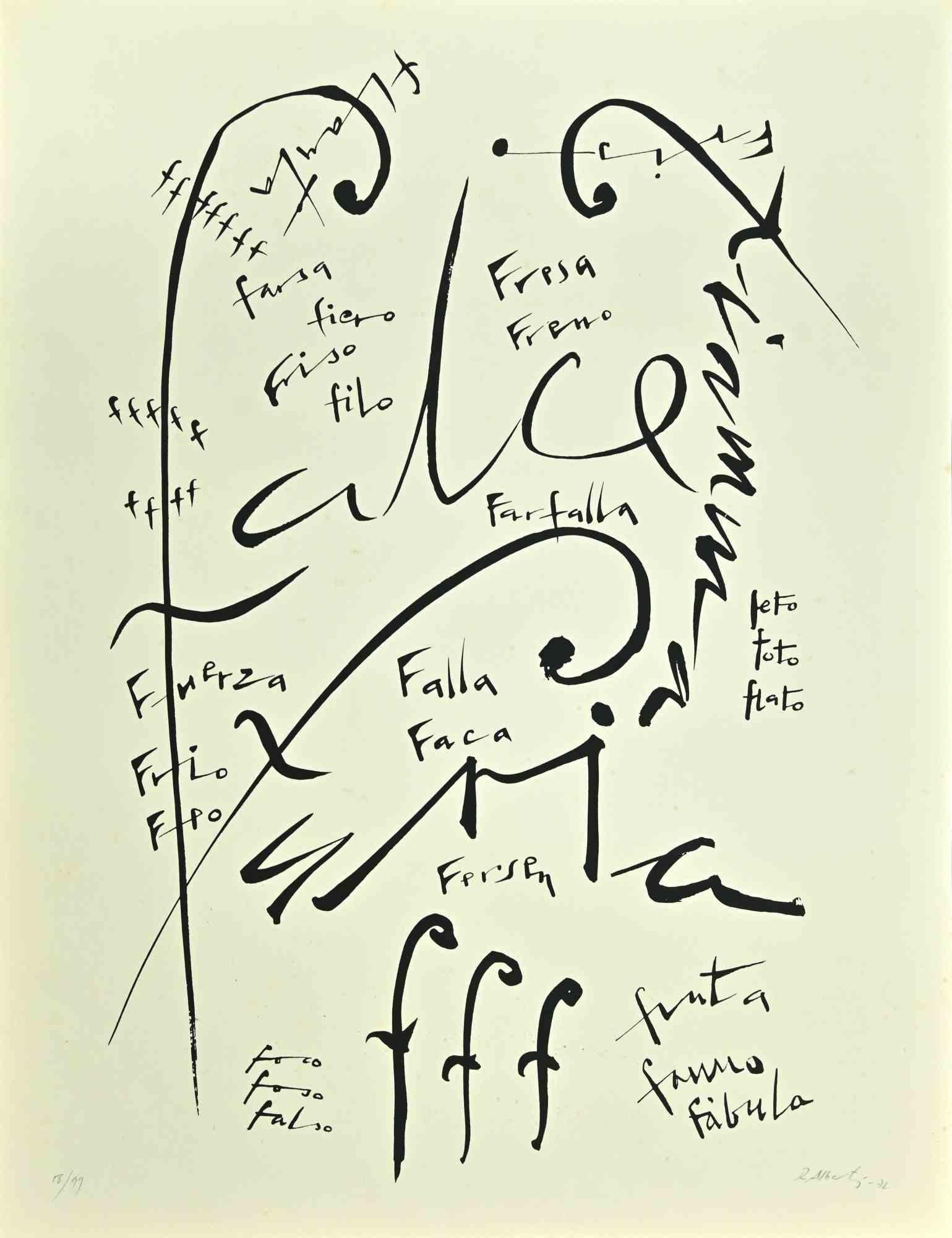 Letter F, from the Alphabet series,  is a lithograph, realized by Rafael Alberti in 1972.

Hand-signed and dated on the lower right margin. 

Numbered in pencil on the lower, from an edition of 99 prints.

Good conditions.


The artwork is