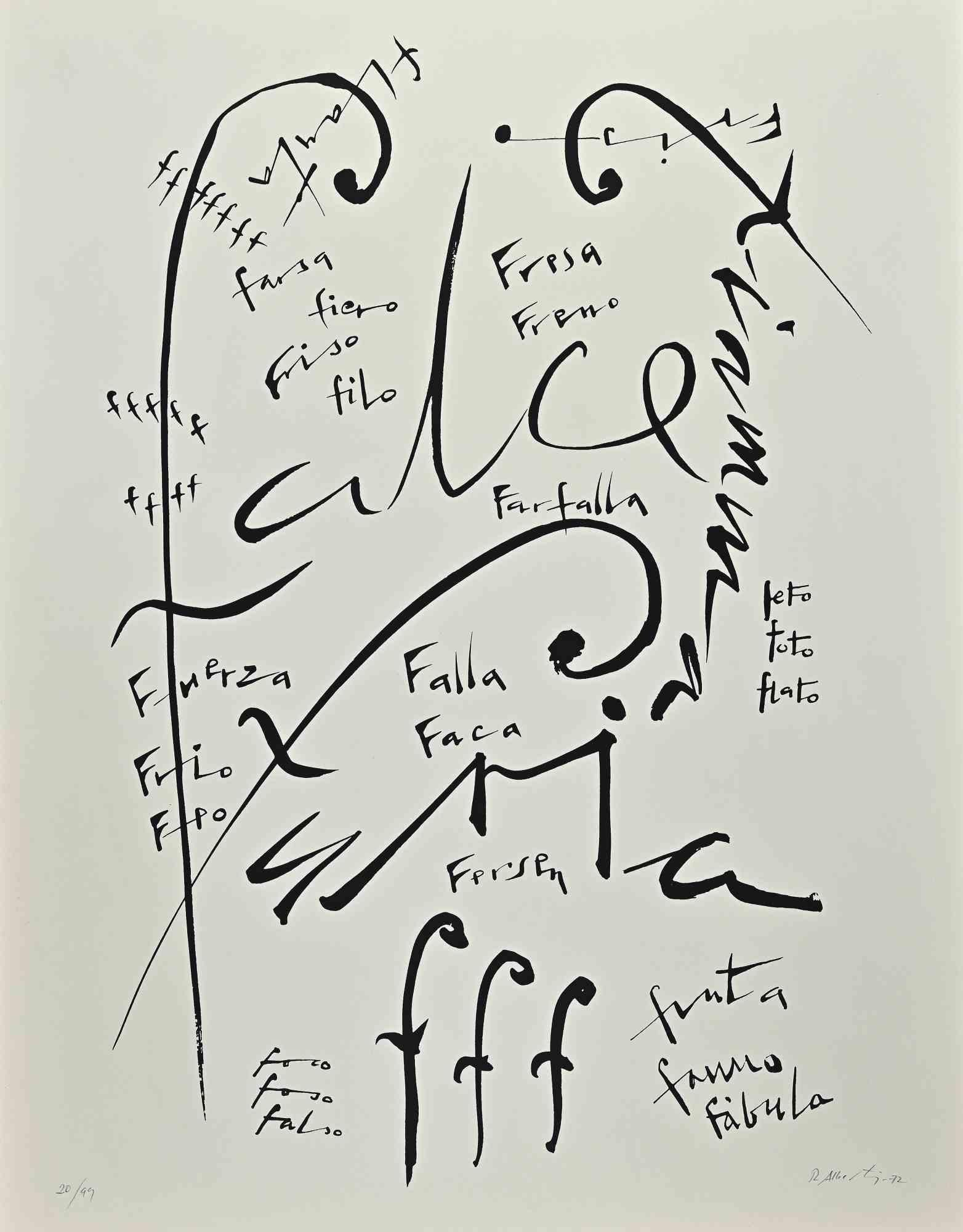 Lettre F  de la série Alphabet est une lithographie originale réalisée par Rafael Alberti en 1972.

Signé et daté à la main dans la marge inférieure.

Numéroté dans la marge inférieure. Edition 20/99

Bonnes conditions

L'œuvre représente la lettre