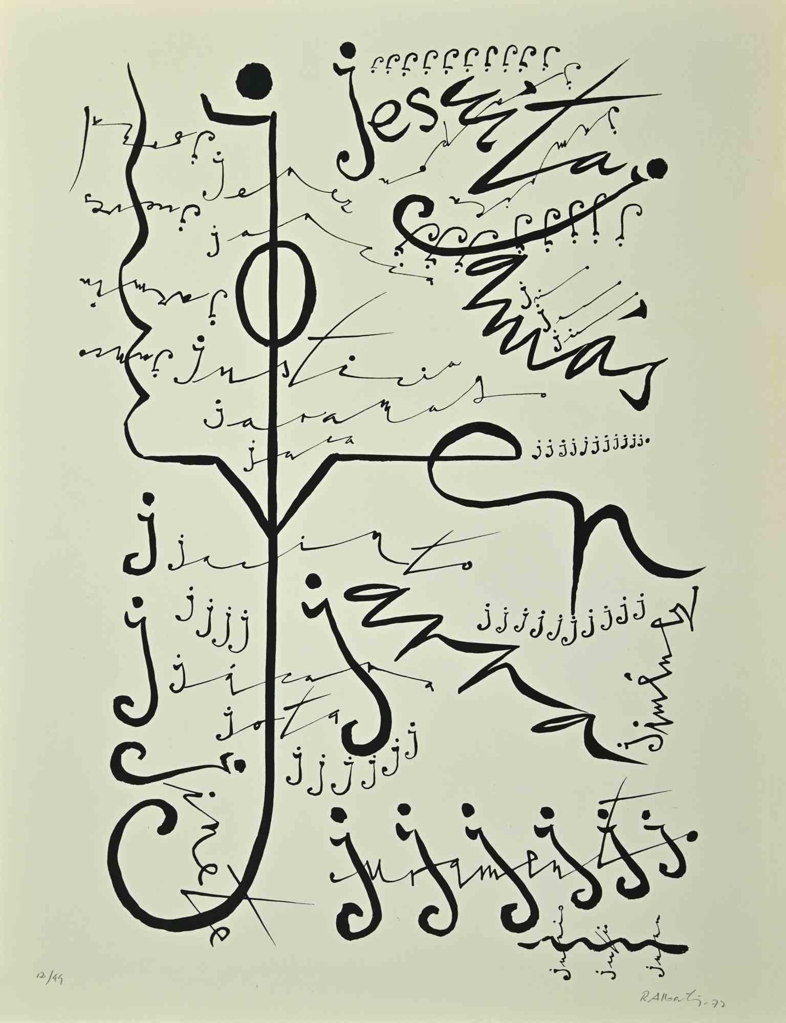 Letter J, from the Alphabet series,  is a lithograph, realized by Rafael Alberti in 1972.

Hand-signed and dated on the lower right margin. 

Numbered in pencil on the lower, from an edition of 99 prints.

Good conditions


The artwork represented