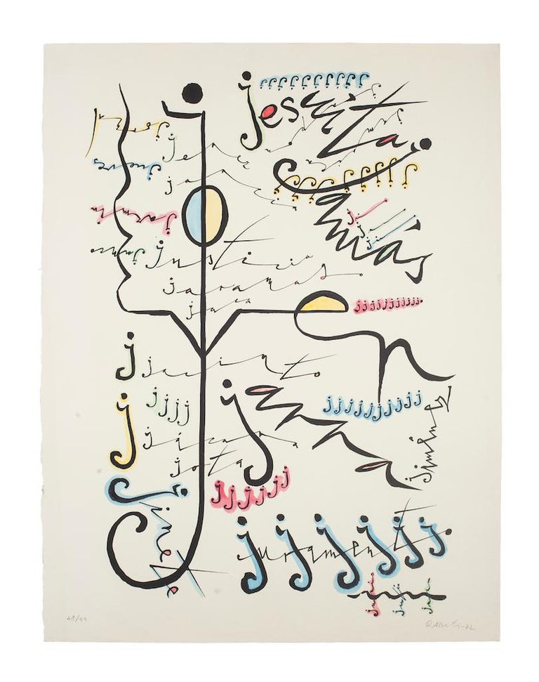 Letter J by Rafael Alberti, from Alphabet series,  is an original lithograph, realized by Rafael Alberti in 1972.

Hand-signed and dated on the lower right margin.

The state of preservation is very good.

Numbered on the lower left, Edition