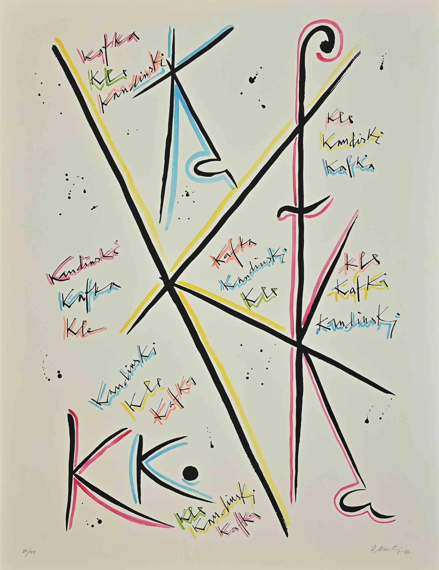Letter K from the Alphabet series is a lithograph realized by Rafael Alberti in 1972.

Hand-signed on the lower right.

Numbered, 36/99.

The state of preservation is good.

The artwork represents the alphabet letter, with a poetical abstract