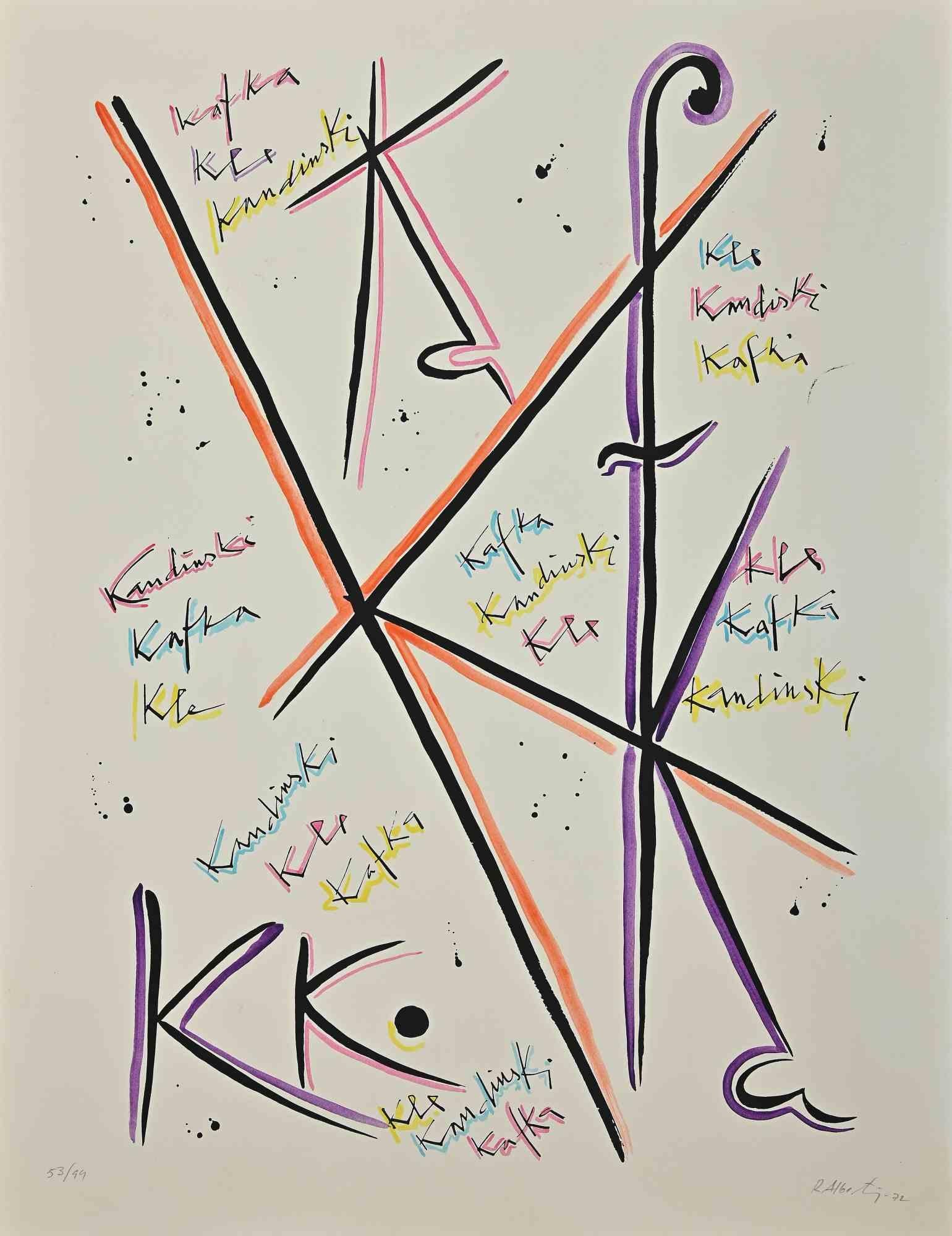 Letter K from the Alphabet series is a lithograph realized by Rafael Alberti in 1972.

Hand-signed on the lower right.

Numbered, edition 53/99.

The state of preservation is good.

The artwork represents the alphabet letter, with a poetical