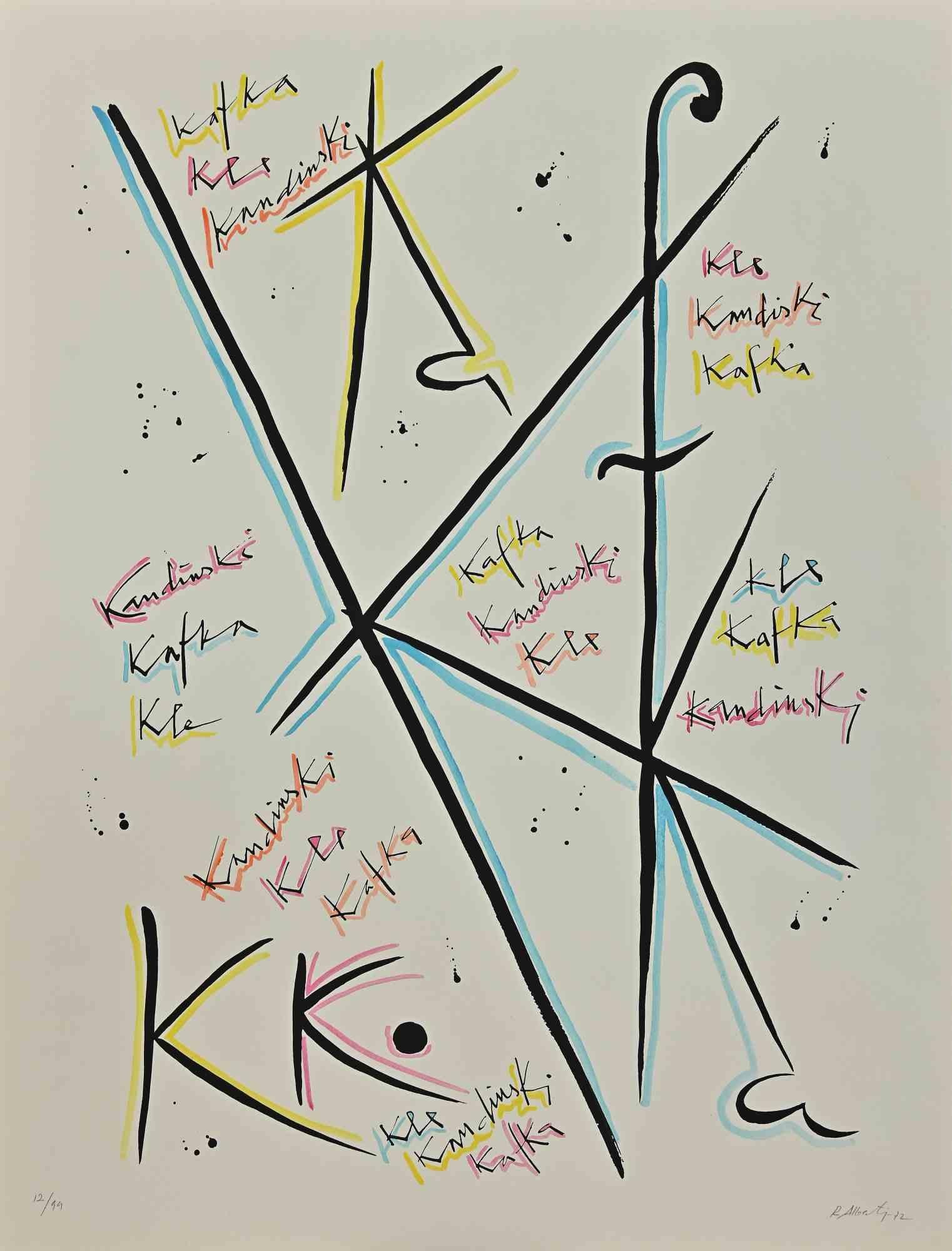 Letter K from the Alphabet series is a lithograph realized by Rafael Alberti in 1972.

Hand-signed on the lower right.

Numbered, edition 12/99.

The state of preservation is good.

The artwork represents the alphabet letter, with a poetical