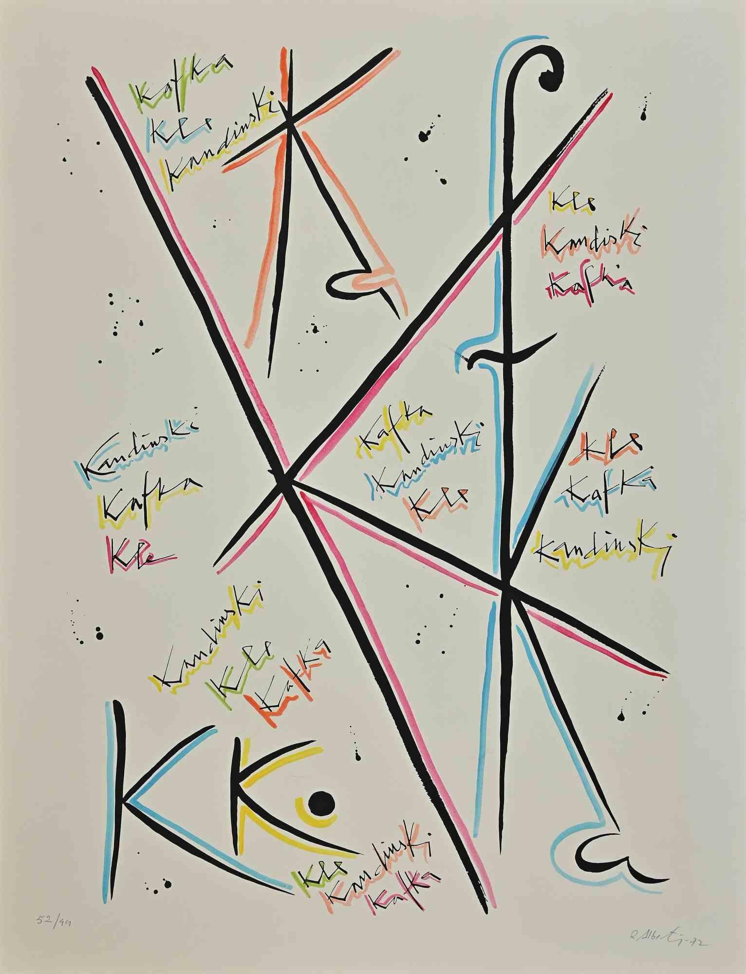 Letter K from the Alphabet series is a lithograph realized by Rafael Alberti in 1972.

Hand-signed on the lower right.

Numbered, edition 52/99.

The state of preservation is good.

The artwork represents the alphabet letter, with a poetical