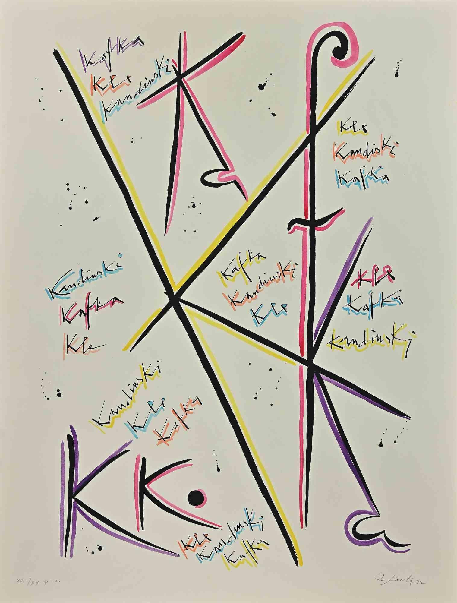 Letter K from the Alphabet series is a vintage lithograph realized by Rafael Alberti in 1972.

Hand-signed on the lower right.

Artist's proof., edition XVIII/XX.

The state of preservation is good.

The artwork represents the alphabet letter, with