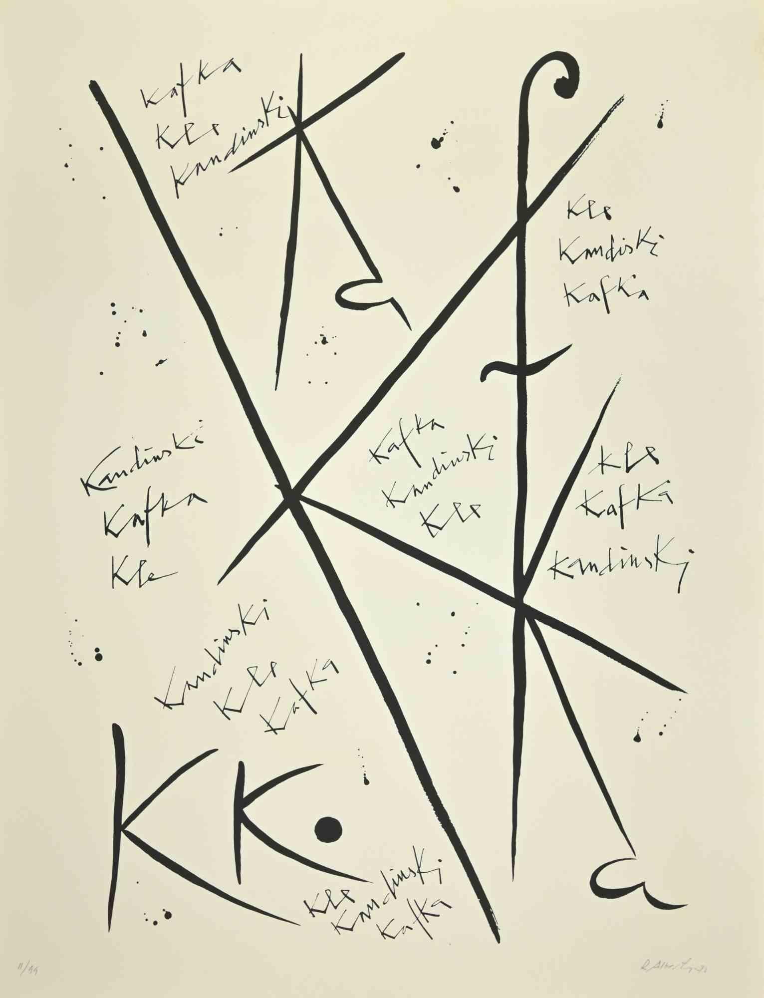 Letter K from the Alphabet series is a lithograph realized by Rafael Alberti in 1972.

Hand-signed.

Numbered. Edition, 11/99 prints.

The state of preservation is very good.

The artwork represents the alphabet letter, with a poetical abstract