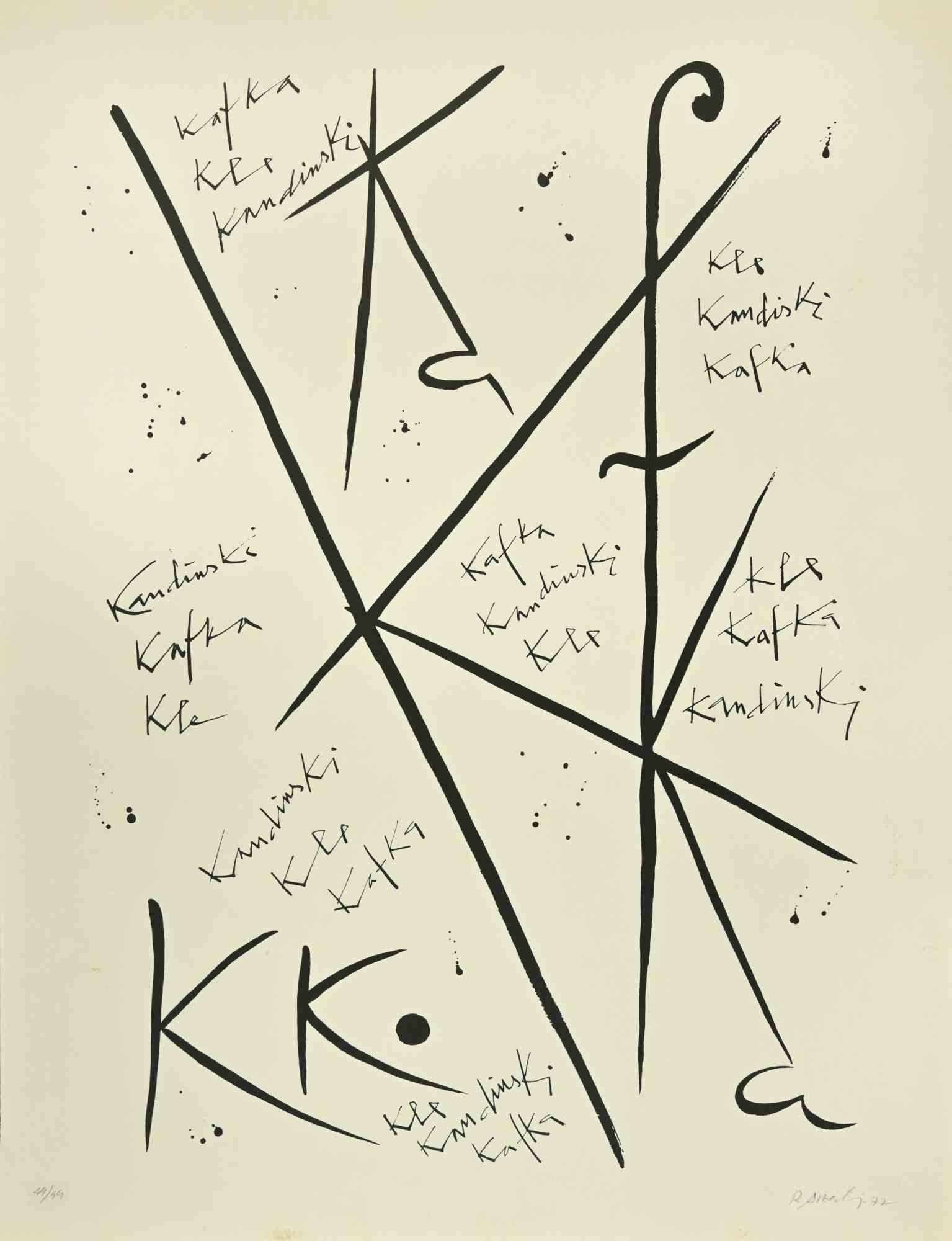 La lettera K della serie Alphabet è una litografia realizzata da Rafael Alberti nel 1972.

Firmato a mano e datato sul margine inferiore destro.

Numerato sul margine inferiore. da un'edizione di 49/99 stampe.

Buone condizioni.

L'opera d'arte
