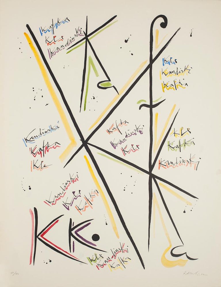 Letter K by Rafael Alberti, from Alphabet series,  is an original lithograph, realized by Rafael Alberti in 1972.

Hand-signed, dated, numbered, edition of 70/99 prints

The state of preservation is very good.

The artwork represents alphabet letter