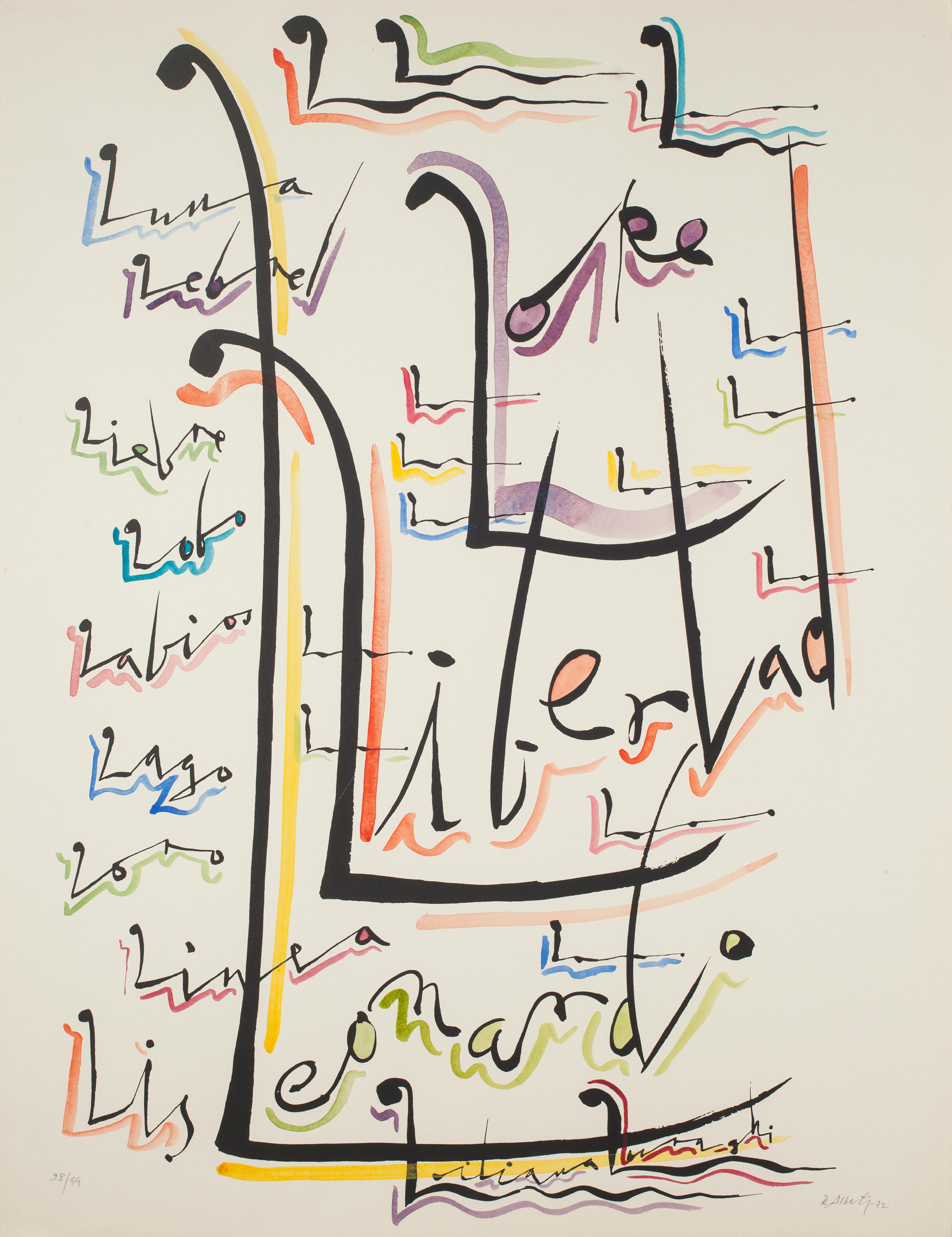 Abstract Print Rafael Alberti - Lettre L - Lithographie colorée à la main de Raphael Alberti - 1972