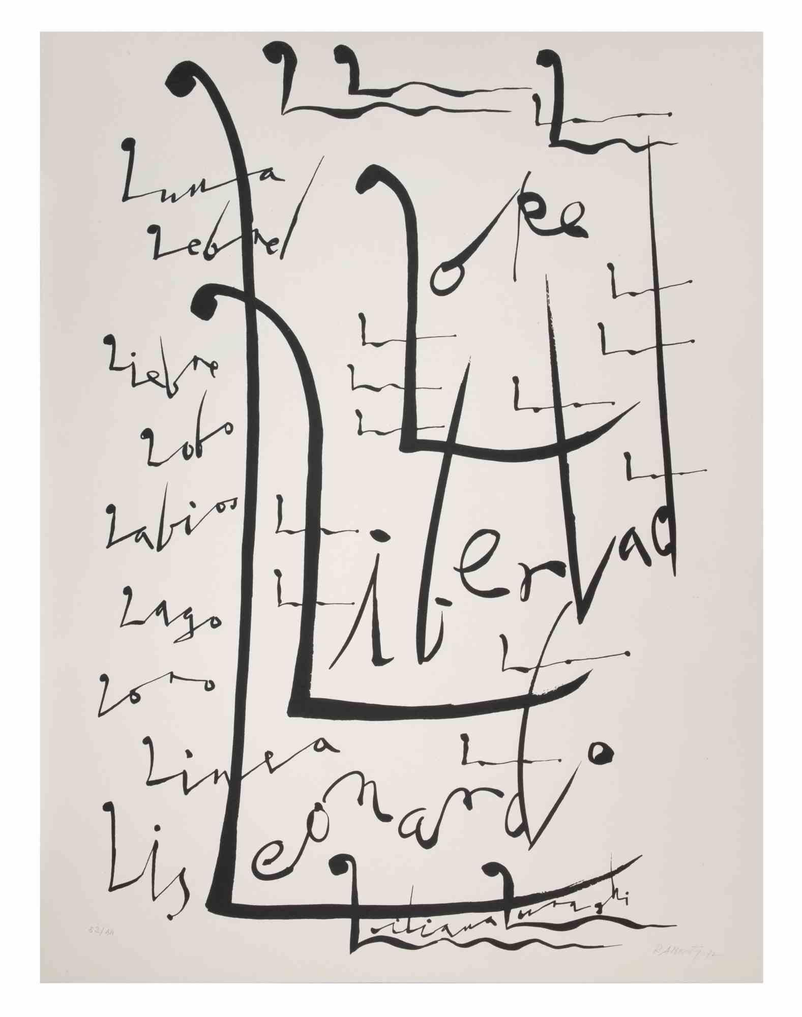 La lettera L della serie Alphabet è una litografia realizzata da Rafael Alberti nel 1972.

Firmato a mano e datato sul margine inferiore destro.

Numerato sul margine inferiore. da un'edizione di 52/99 stampe.

Buone condizioni.

L'opera d'arte