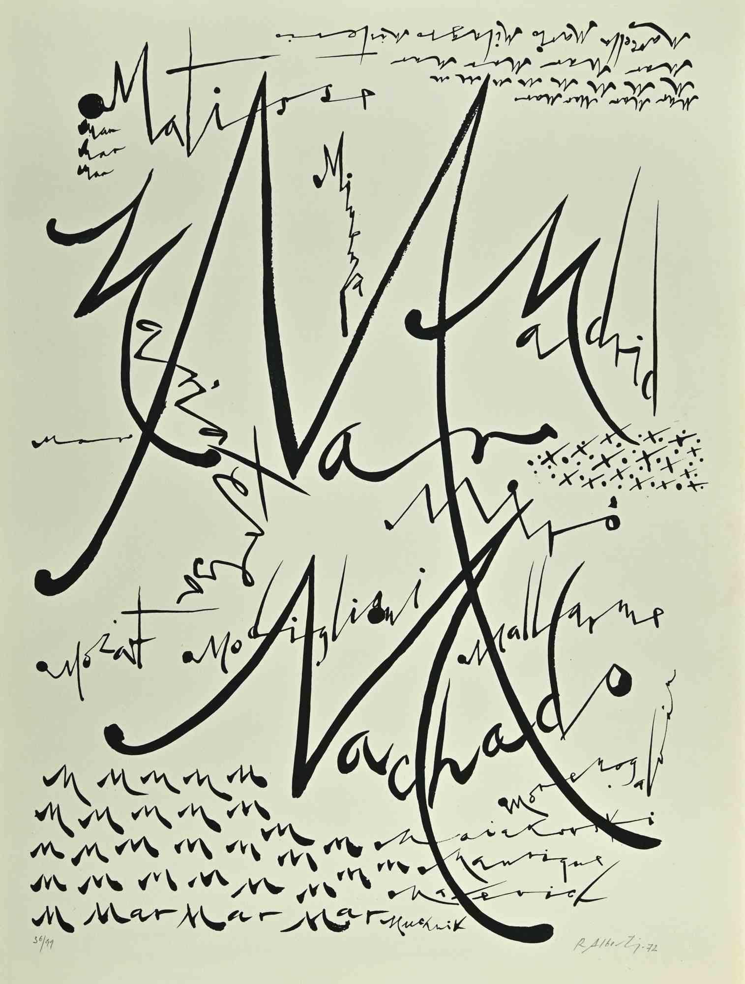 La lettera M, della serie Alphabet, è una litografia realizzata da Rafael Alberti nel 1972.

Firmato a mano e datato sul margine inferiore destro. 

Numerato a matita nella parte inferiore, da un'edizione di 99 stampe.

Buone condizioni.


L'opera