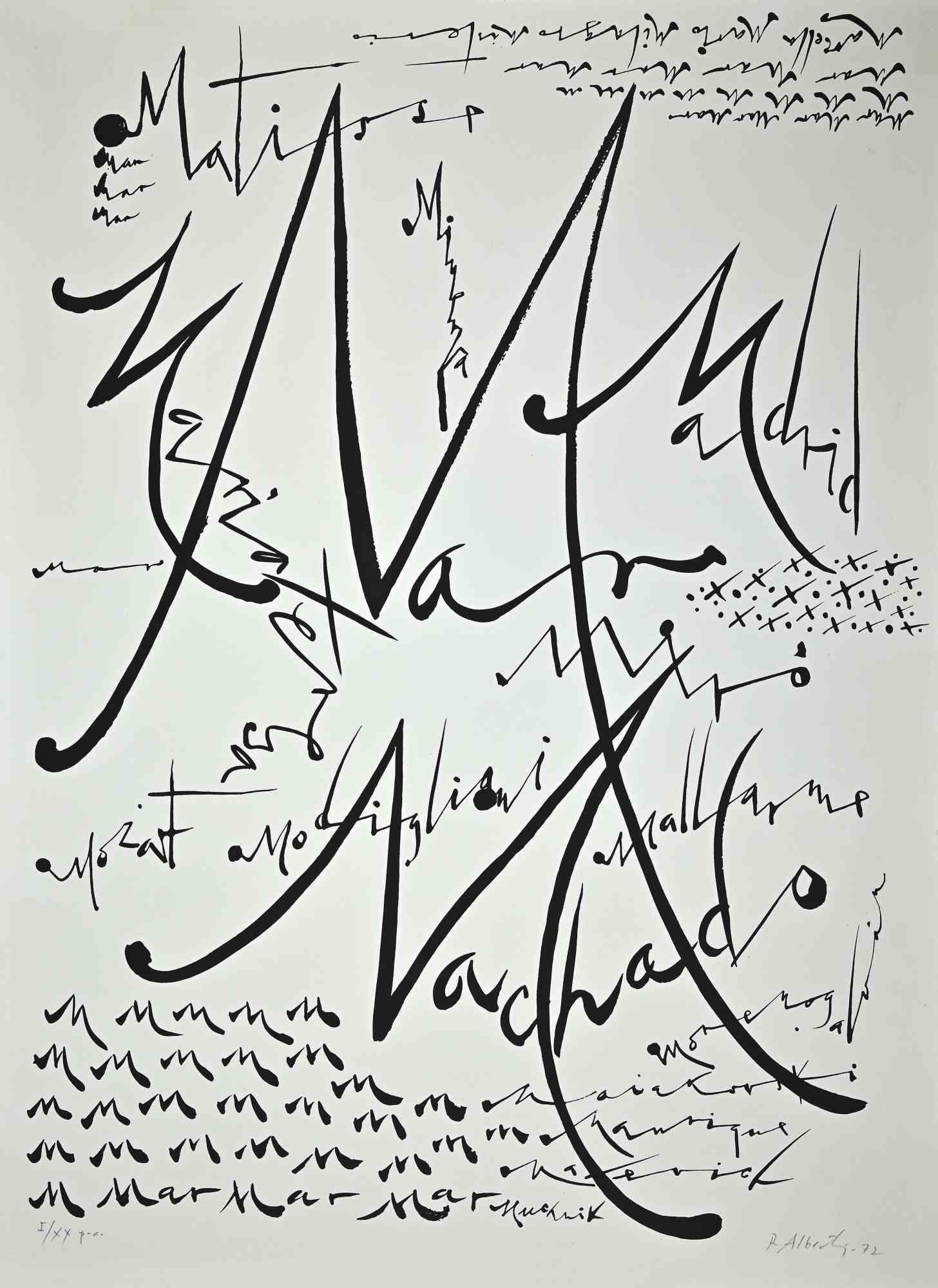 Rafael Alberti Abstract Print - Letter M - Original Lithograph by Raphael Alberti - 1972