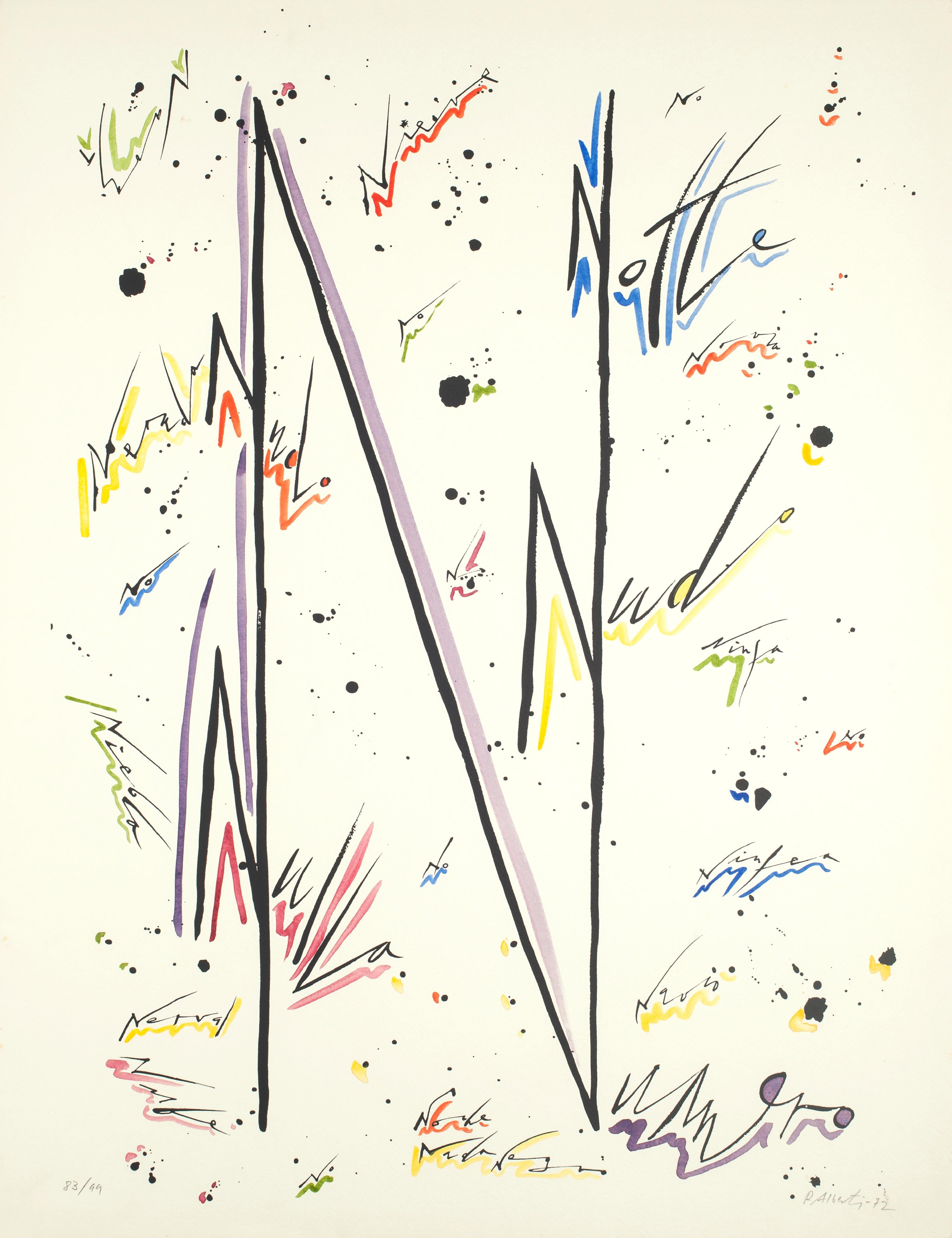 Rafael Alberti Abstract Print – Buchstabe N – handkolorierte Lithographie von Raphael Alberti – 1972