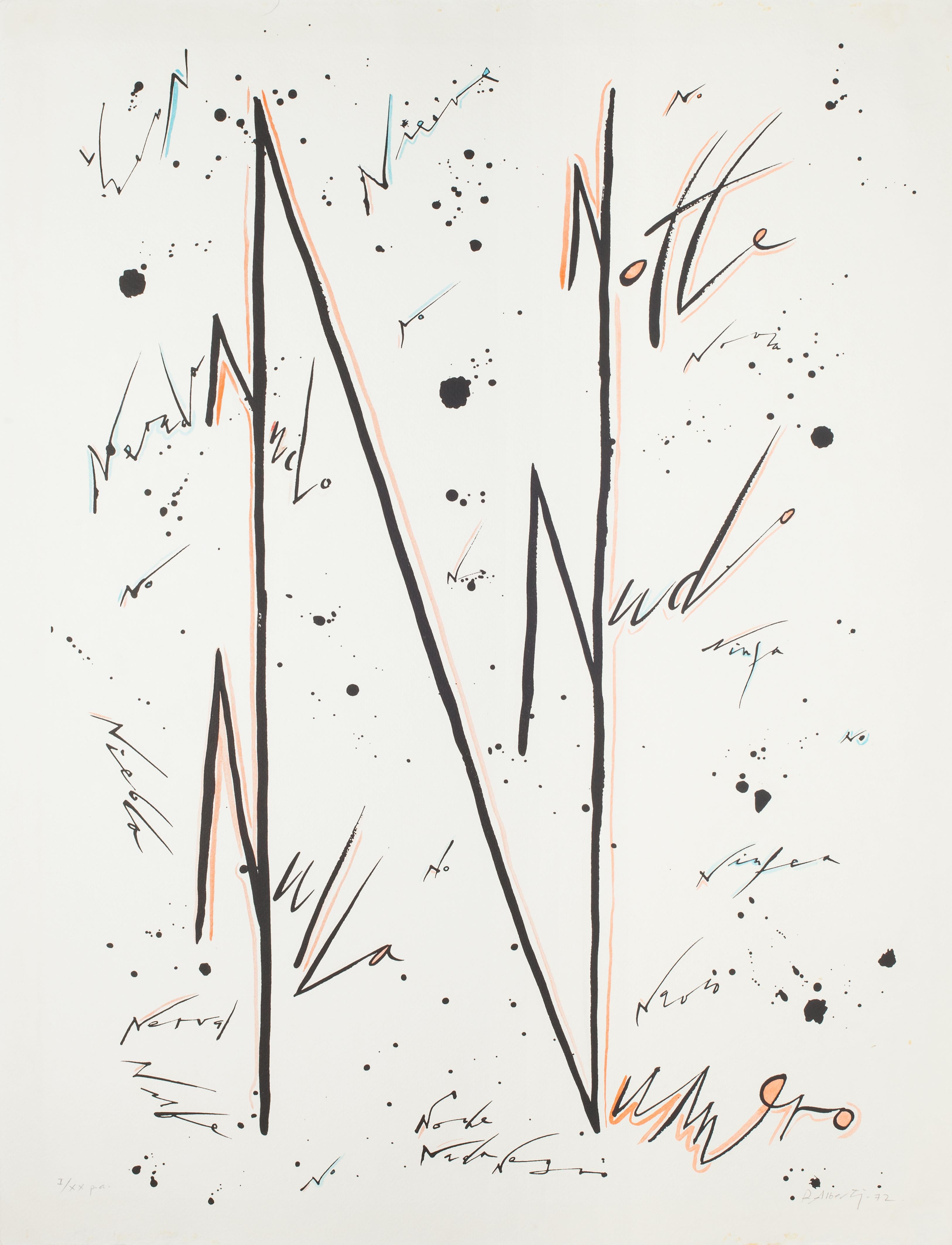 Buchstabenbuchstabe N Orange – handkolorierte Lithographie von Raphael Alberti – 1972