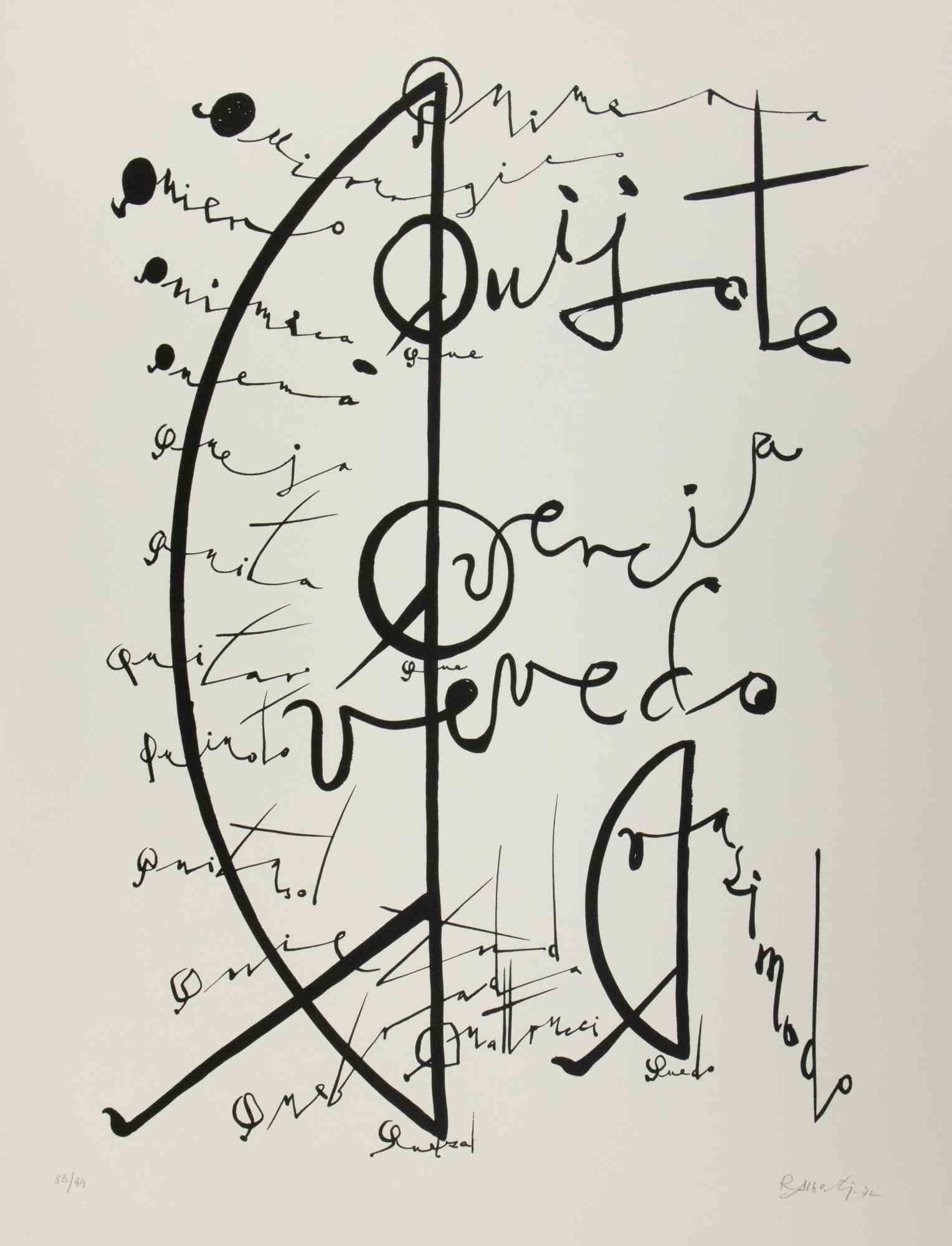 Letter Q by Rafael Alberti, from the Alphabet series,  is a lithograph, realized by Rafael Alberti in the 1973.

Hand-signed and dated on the lower right margin. Numbered on the lower left. Edition of 99.

The artwork represents the letter Q, with a
