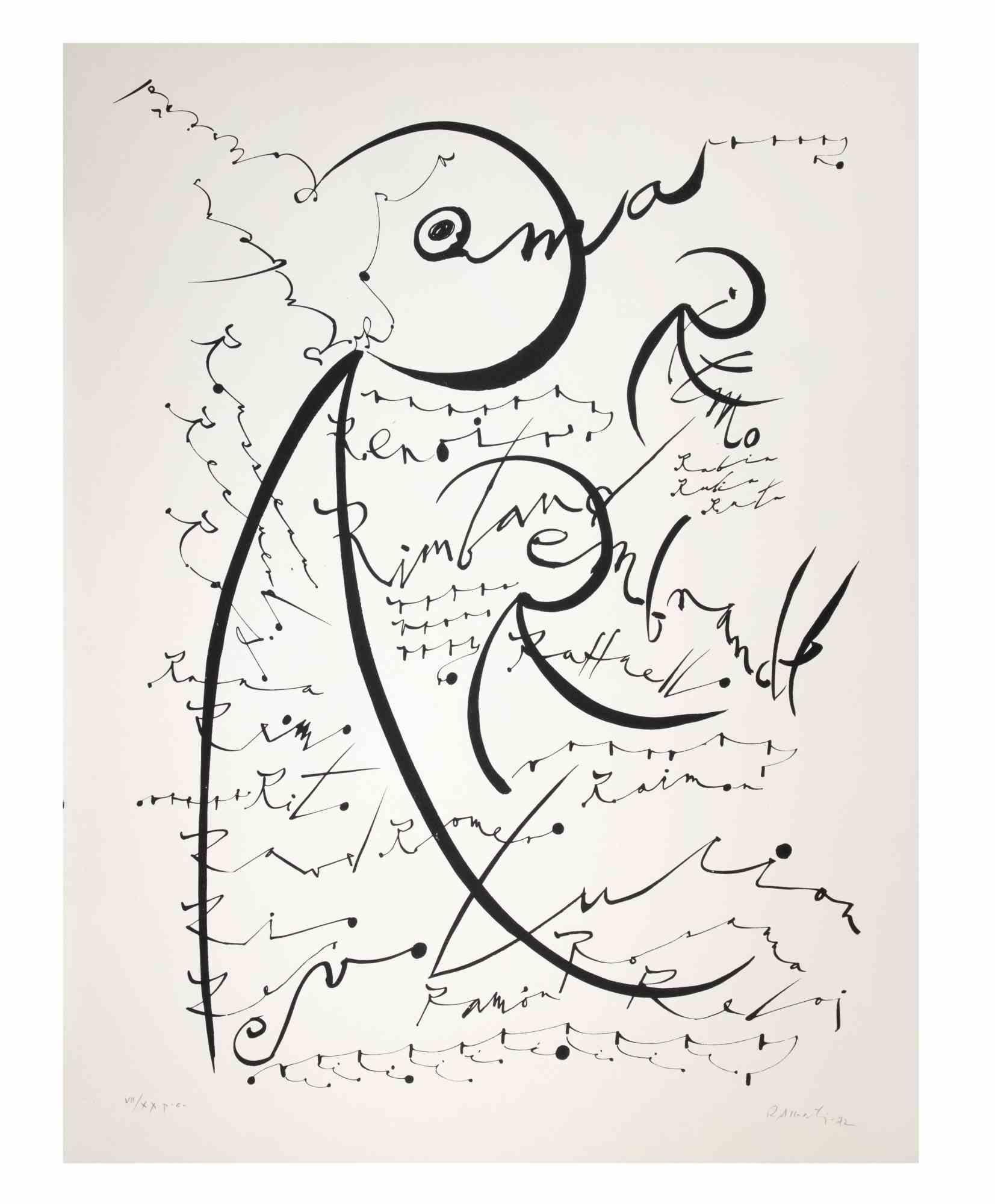 Letter R from Alphabet series is a lithograph realized by Rafael Alberti in 1972.

Hand-signed and dated on the lower right margin.

Numbered on the lower margin. from an Edition of VII/XX, plus written "p.a." artist's proof.

Good conditions

The