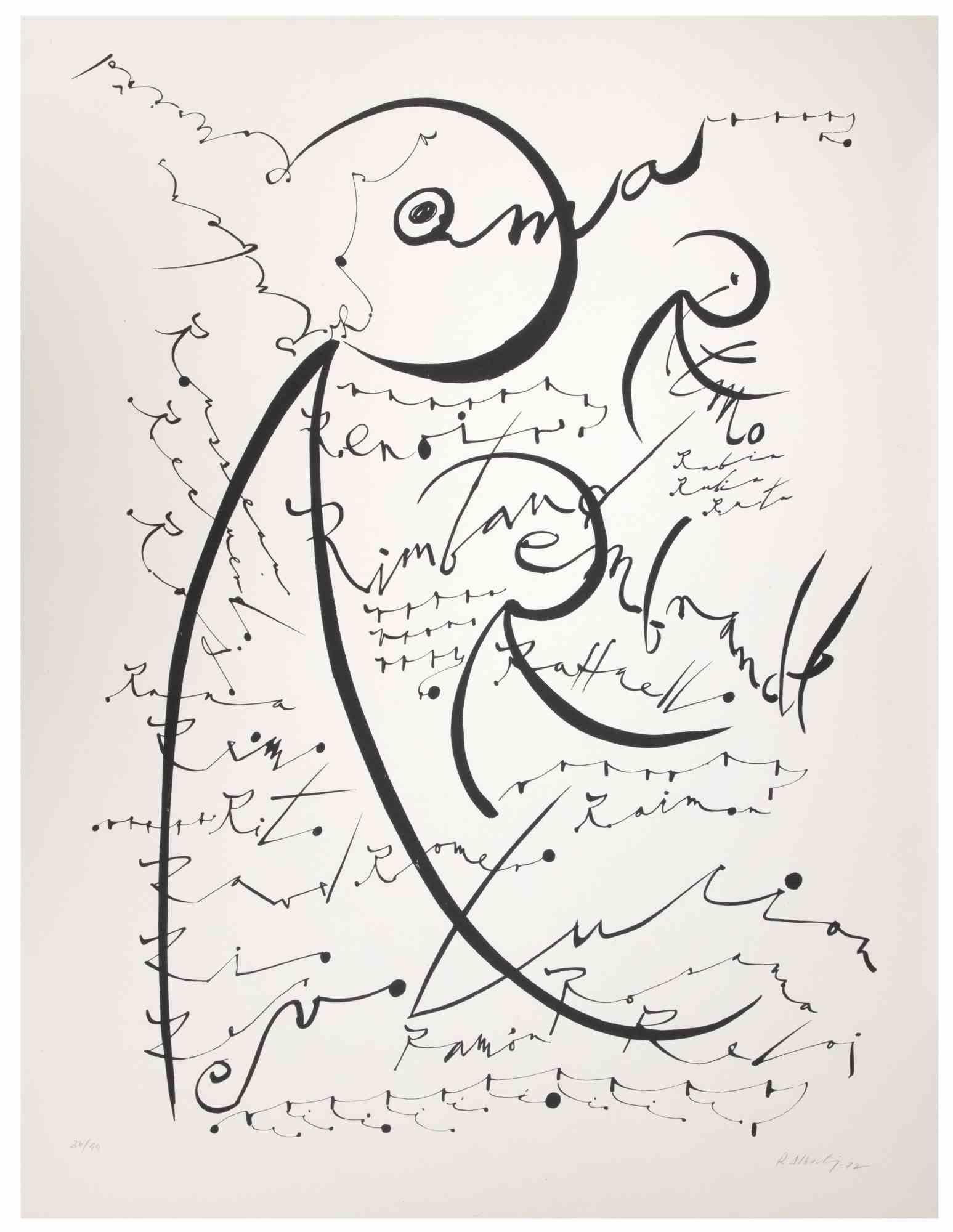 Letter R from Alphabet series is a lithograph realized by Rafael Alberti in 1972.

Hand-signed and dated on the lower margin.

Numbered on the lower margin. Edition 36/44

Good conditions

The artwork represents alphabet letter Z, with a poetical