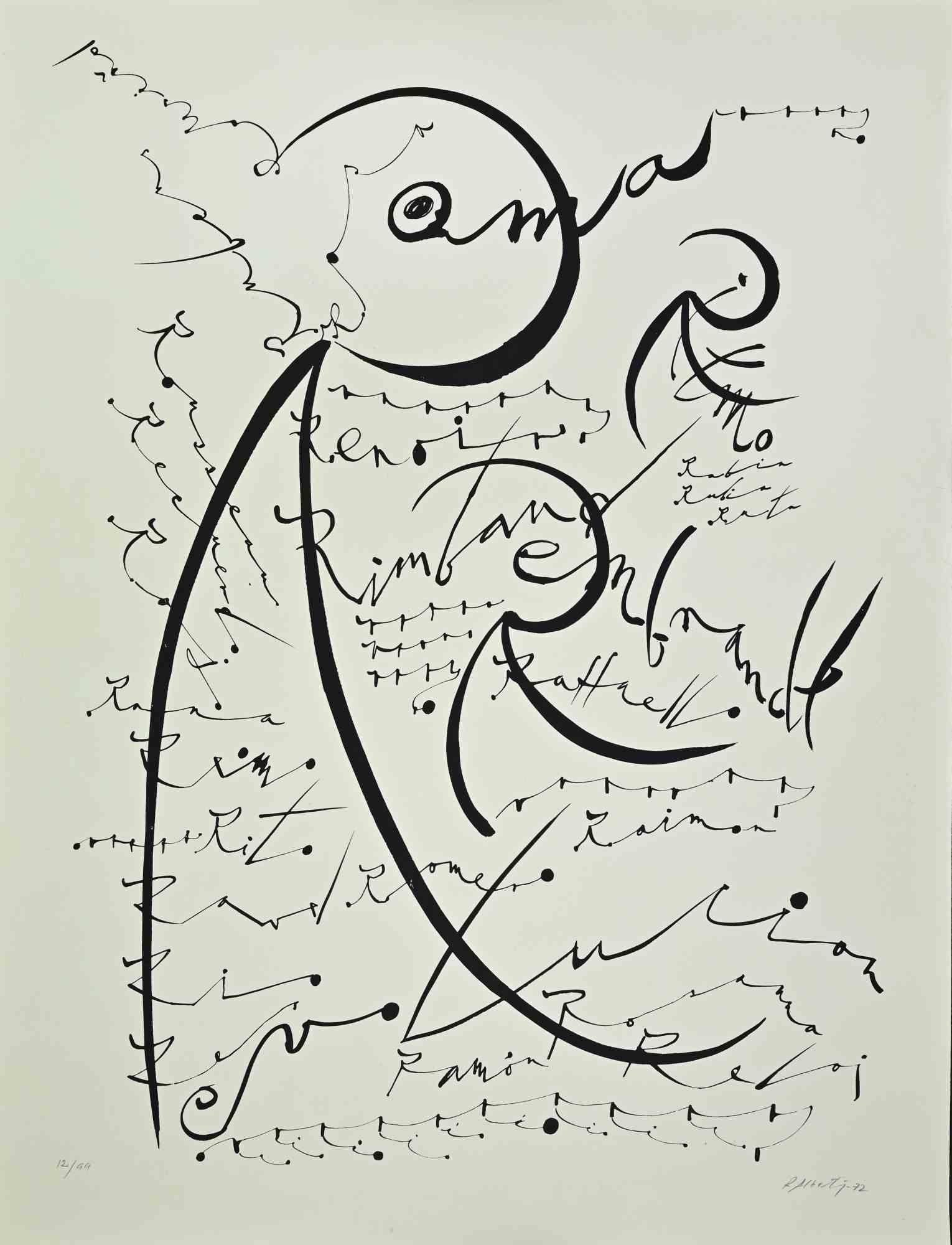 La lettre R, de la série Alphabet, est une lithographie réalisée par Rafael Alberti en 1972.

Signé et daté à la main dans la marge inférieure droite. 

Numérotée au crayon dans la partie inférieure, d'une édition de 99 tirages.

Bon état, avec des