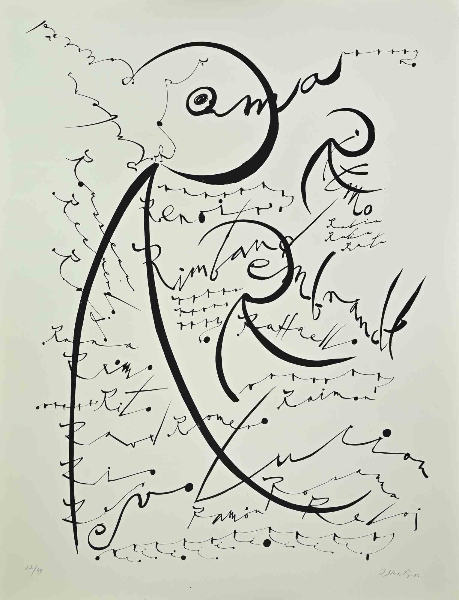 La lettre R, de la série Alphabet, est une lithographie réalisée par Rafael Alberti en 1972.

Signé et daté à la main dans la marge inférieure droite. 

Numérotée au crayon dans la partie inférieure, d'une édition de 99 tirages.

Bon état, avec des