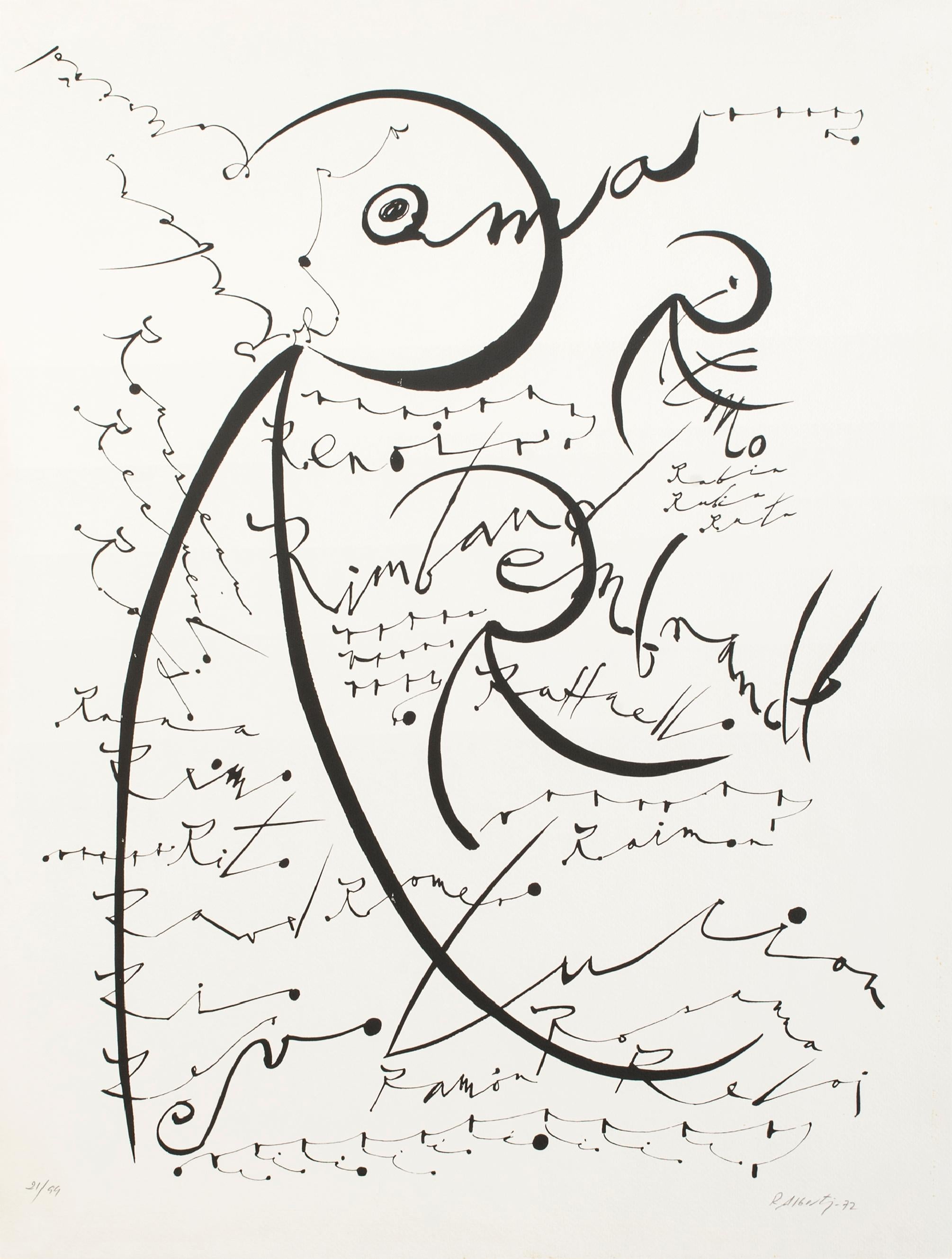 Rafael Alberti Abstract Print - Letter R - Original Lithograph by Raphael Alberti - 1972