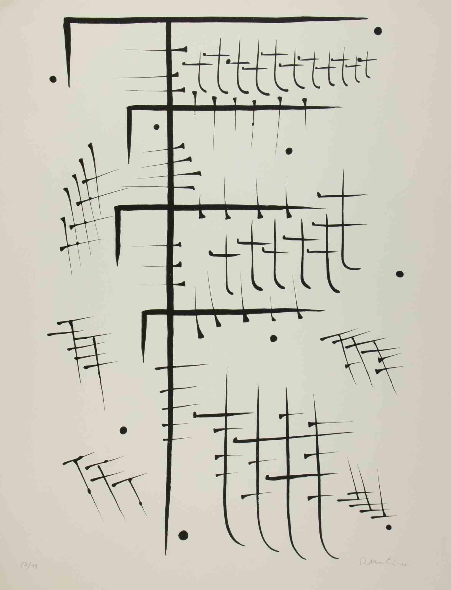Letter T  is a black and white lithograph on heavy paper, realized by the Spanish poet  Rafael Alberti  (Puerto de Santa Maria,1902 – 1999) in 1972.

From  "Il Lirismo dell'Alfabeto" .

Our plate representing the letter of the ”lyric alphabet” D,