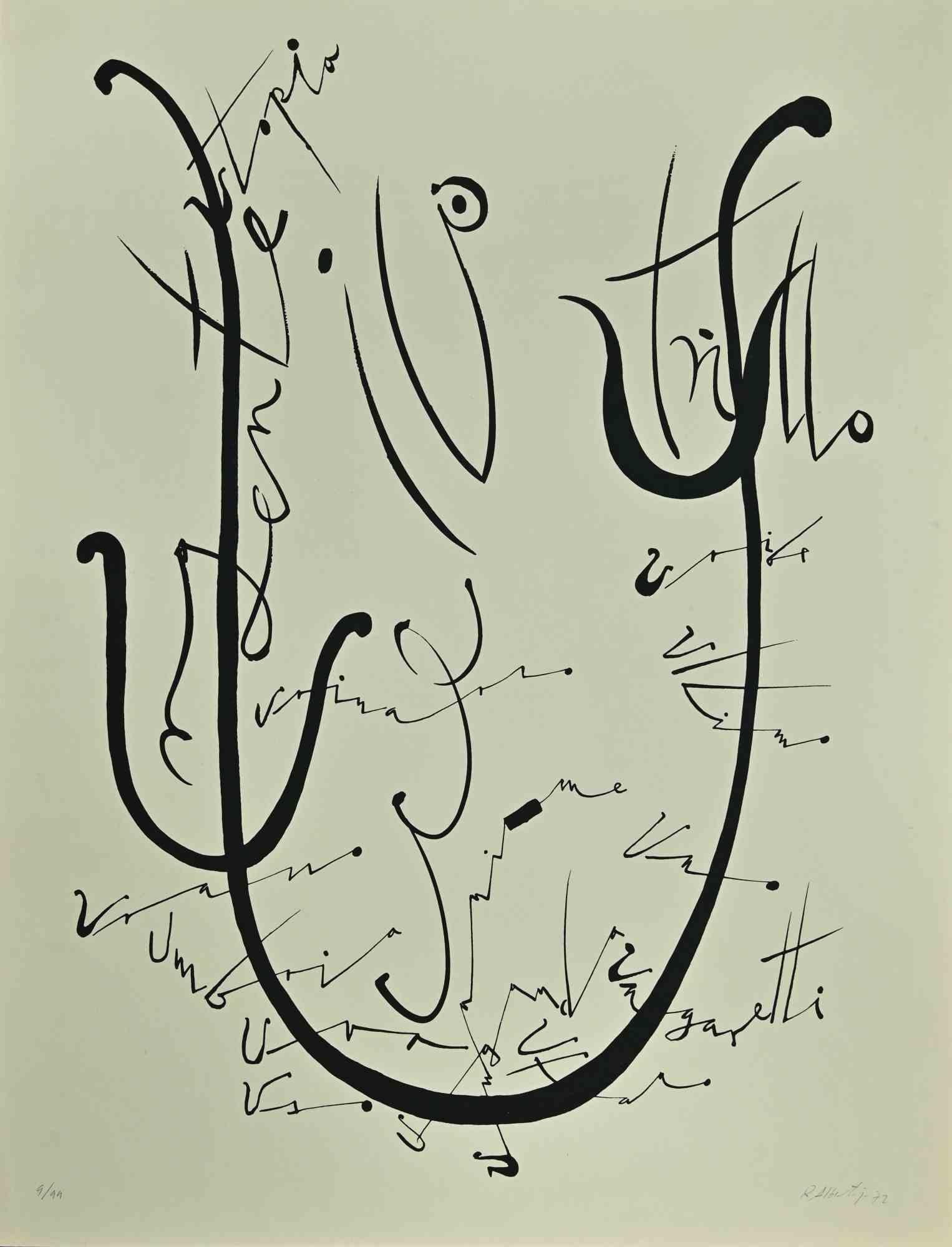 Letter U, from the Alphabet series,  is a lithograph, realized by Rafael Alberti in 1972.

Hand-signed and dated on the lower right margin. 

Numbered in pencil on the lower, from an edition of 99 prints.

Good conditions, with foxing


The artwork