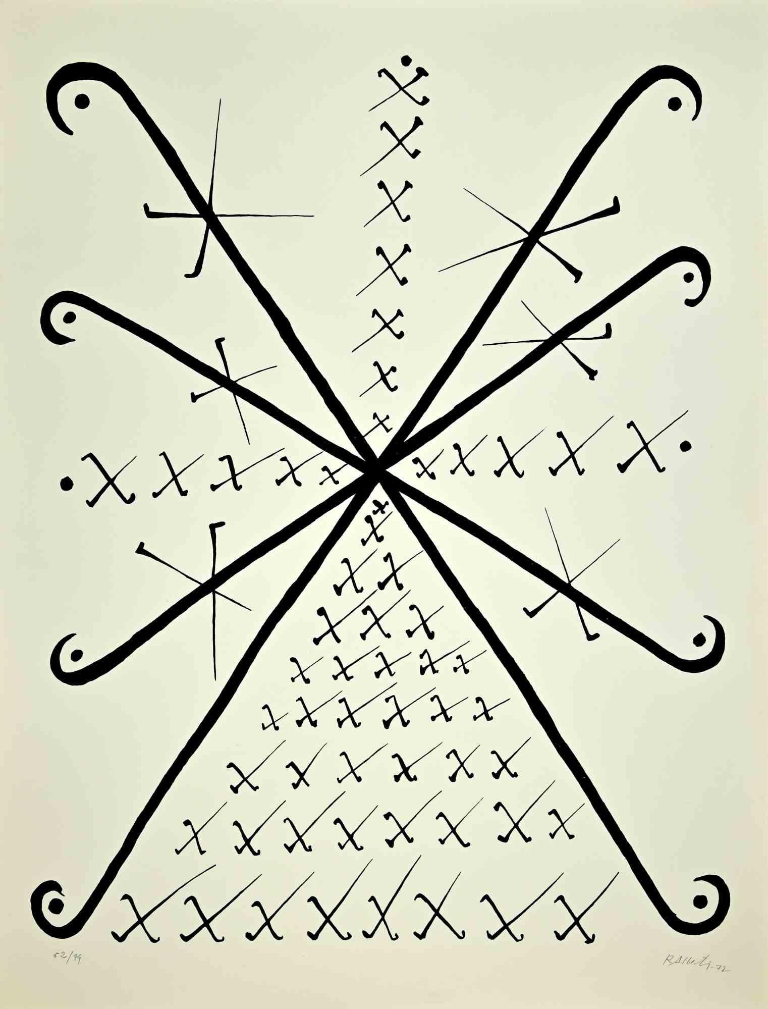 Letter X  from Alphabet series is a lithograph, realized by Rafael Alberti in 1972.

Numbered, edition 52/99.

Hand-signed. 

The state of preservation is very good.

The artwork represents alphabet letter X, with a poetical abstract composition
