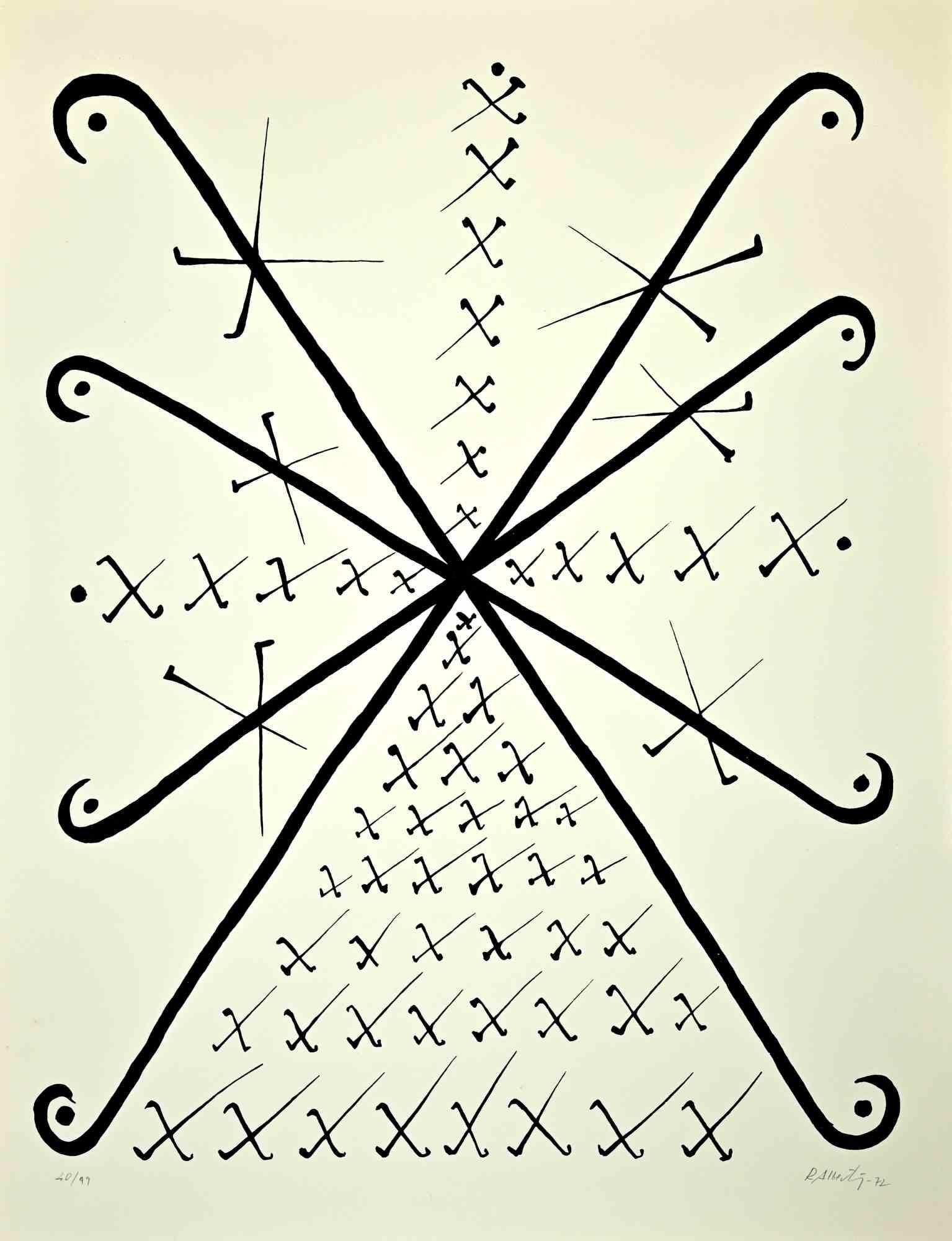 Letter X  from Alphabet series is a lithograph, realized by Rafael Alberti in 1972.

Numbered, edition 40/99.

Hand-signed. 

The state of preservation is very good.

The artwork represents alphabet letter X, with a poetical abstract composition