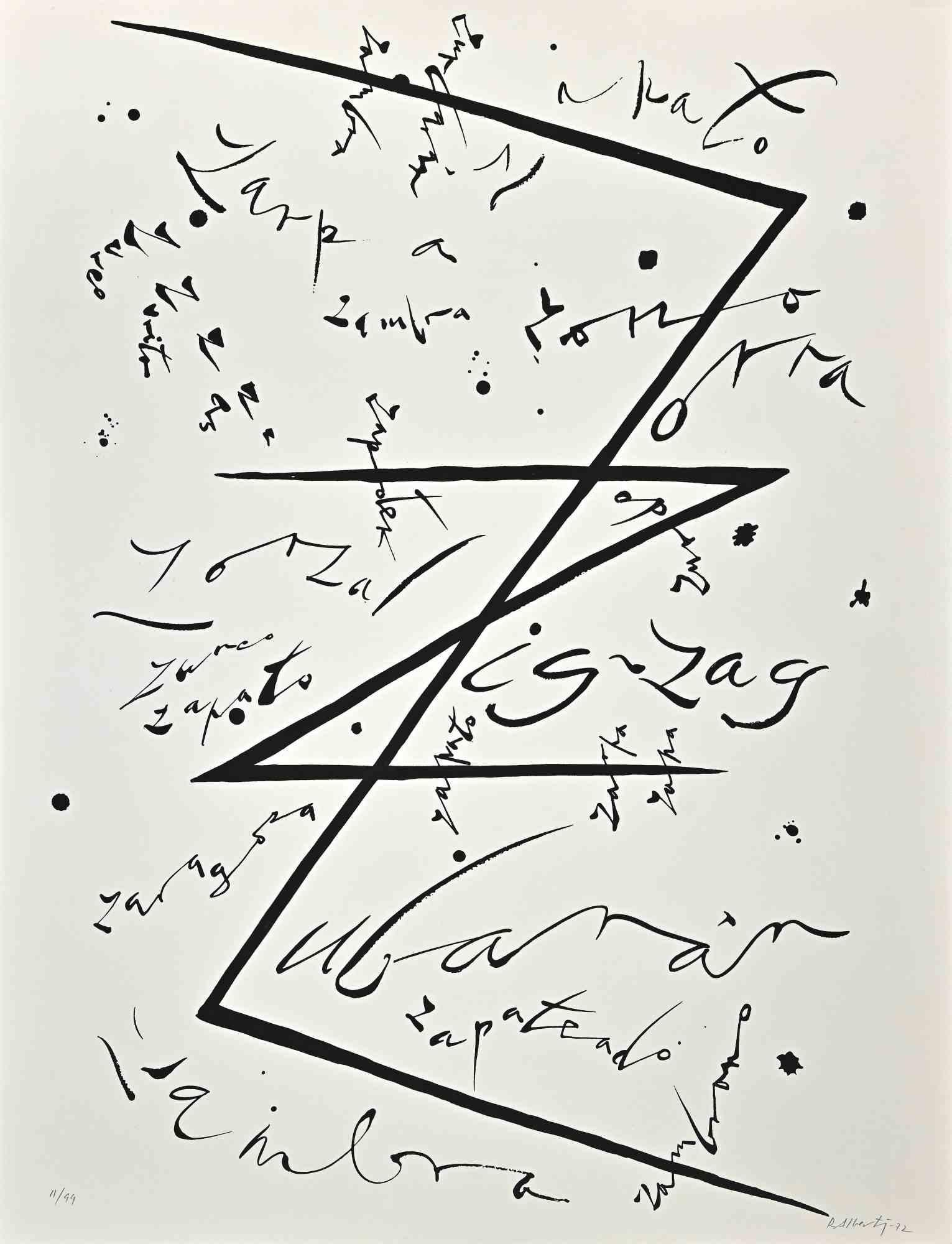 Letter Z from Alphabet series is a lithograph realized by Rafael Alberti in 1972.

Hand-signed and dated on the lower margin.

Numbered on the lower margin. Edition 11/99

The state of preservation is good.

The artwork represents alphabet letter Z,