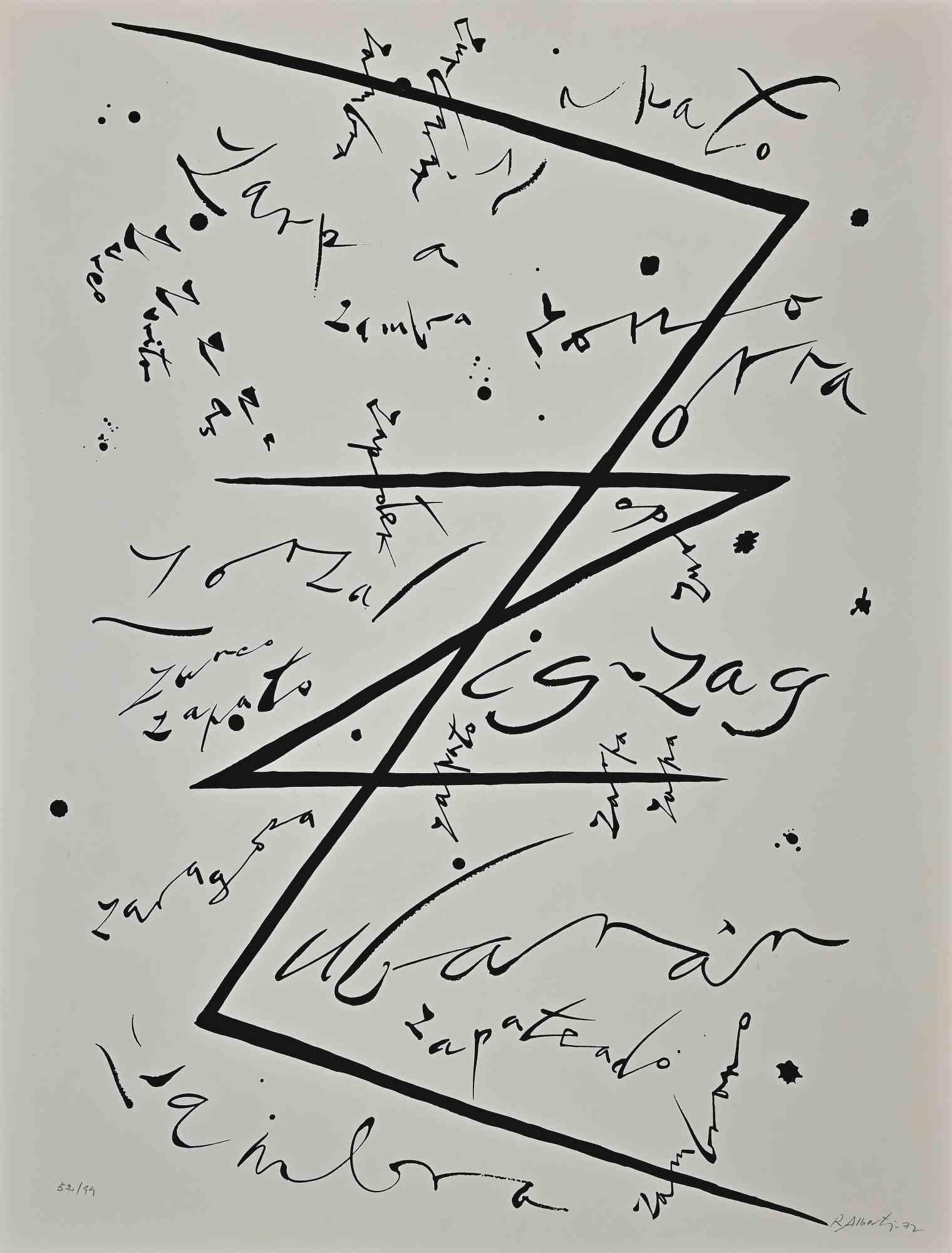 Letter Z   from Alphabet series is a lithograph realized by Rafael Alberti in 1972.

Hand-signed and dated on the lower margin.

Numbered on the lower margin. Edition 52/99

Good conditions

The artwork represents alphabet letter Z, with a poetical