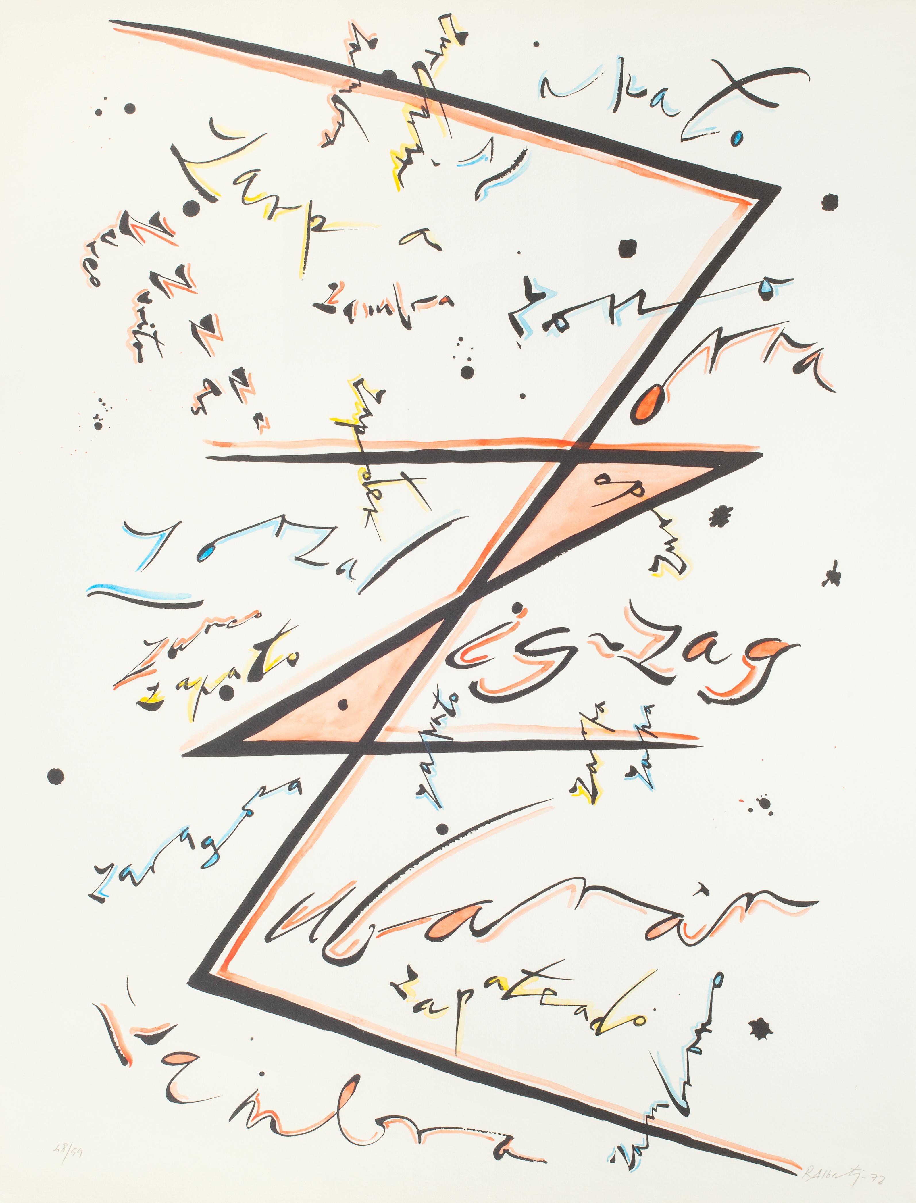 Rafael Alberti Abstract Print – Buchstabenbuchstabe Z Orange – handkolorierte Lithographie von Raphael Alberti – 1972