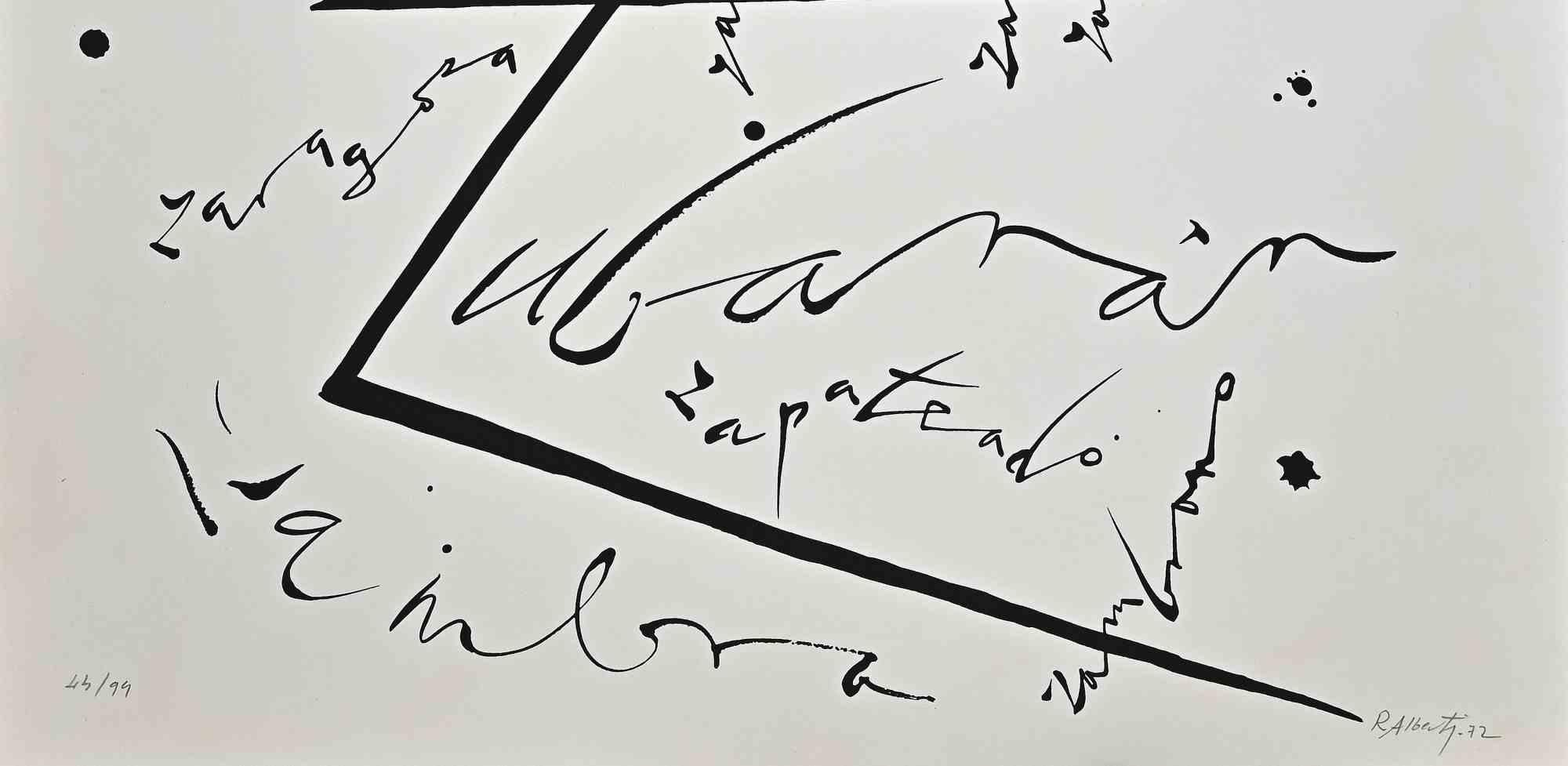 Letter Z   from Alphabet series is an original lithograph realized by Rafael Alberti in 1972.

Hand-signed and dated on the lower margin.

Numbered on the lower margin. Edition 44/99

Good conditions

The artwork represents alphabet letter Z, with a
