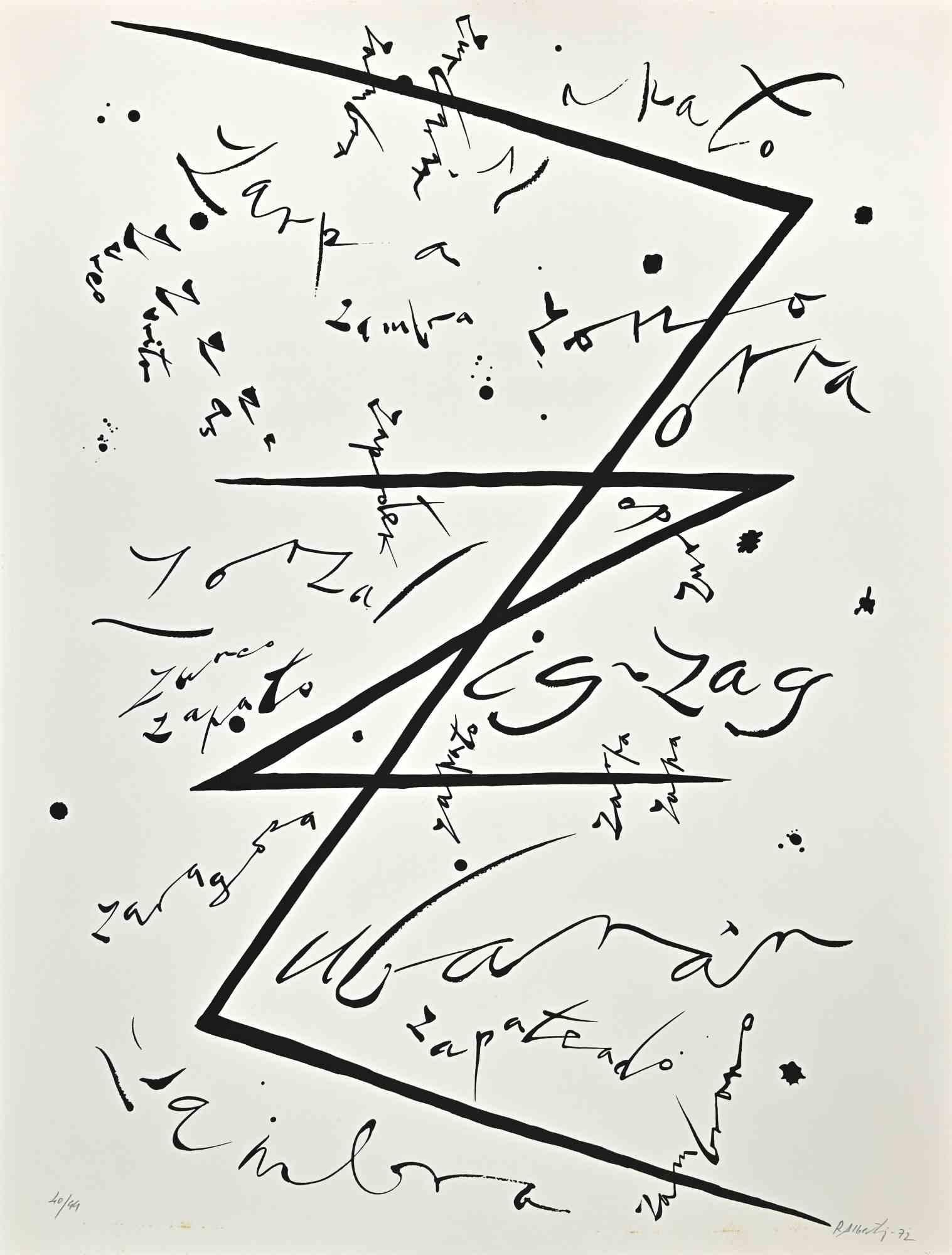 Lettre Z   de la série Alphabet est une lithographie originale réalisée par Rafael Alberti en 1972.

Signé et daté à la main dans la marge inférieure.

Numéroté dans la marge inférieure. Edition 40/44

Bon état, sauf quelques taches.

L'œuvre