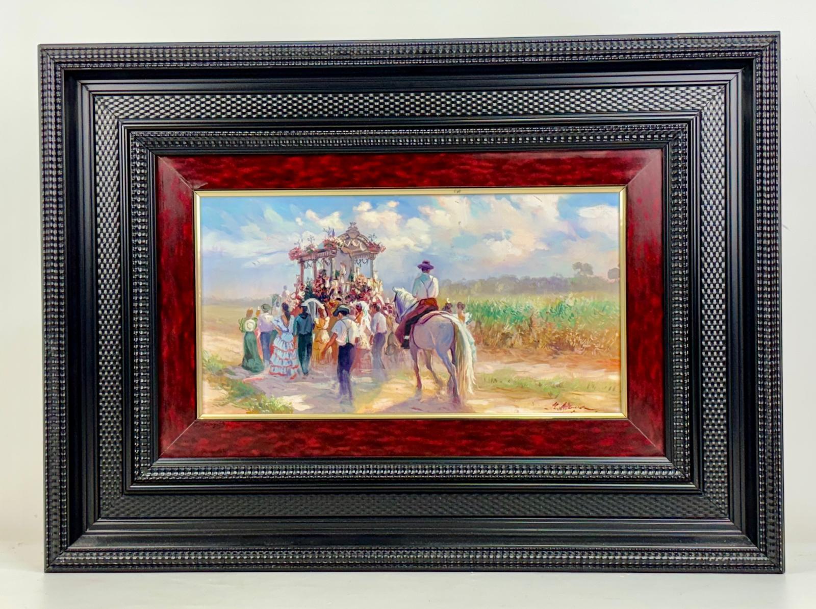 RAFAEL ATENCIA (Córdoba, España, 1954).
Romería del Rocío.
Óleo sobre cobre.
Firmado en el ángulo inferior derecho.
Medidas: 22 x 41.5 cm.; 51 x 71 cm. (marco).

Precioso óleo sobre cobre de una romería al rocío.
Con un precioso marco holandés. 
En
