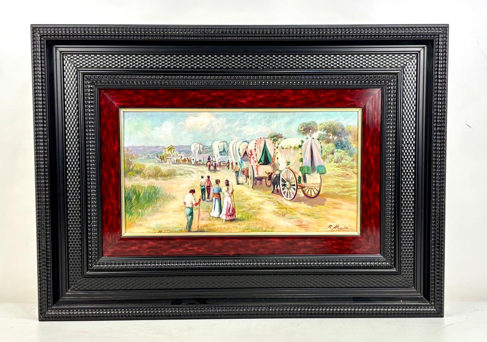 RAFAEL ATENCIA (Córdoba, España, 1954).
Romería del Rocío.
Óleo sobre cobre.
Firmado en el ángulo inferior derecho.
Medidas: 22 x 41.5 cm.; 51 x 71 cm. (marco).

Precioso óleo sobre cobre de una romería al rocío.
Con un precioso marco holandés. 
En