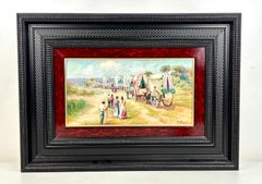 Pintura al óleo de la romería de El Rocío sobre cobre, enmarcada, de mediados del siglo XX