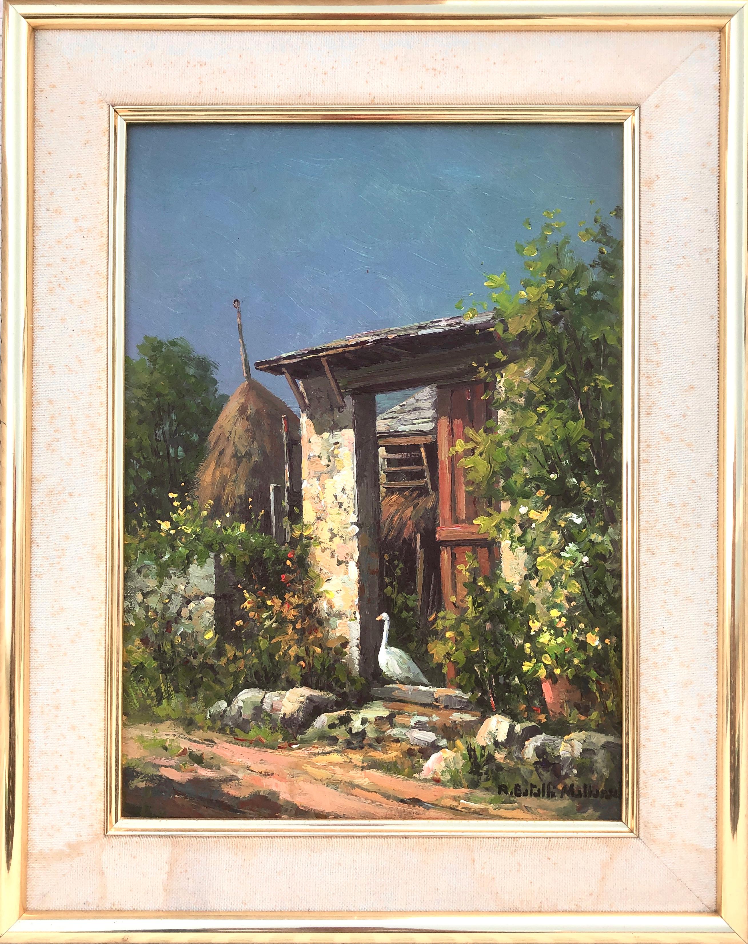 Catalan farmhouse Spain oil on board painting - Painting by Rafael Batalle Mallarach