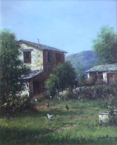 Vintage Catalan farmhouse Spain oil on canvas painting