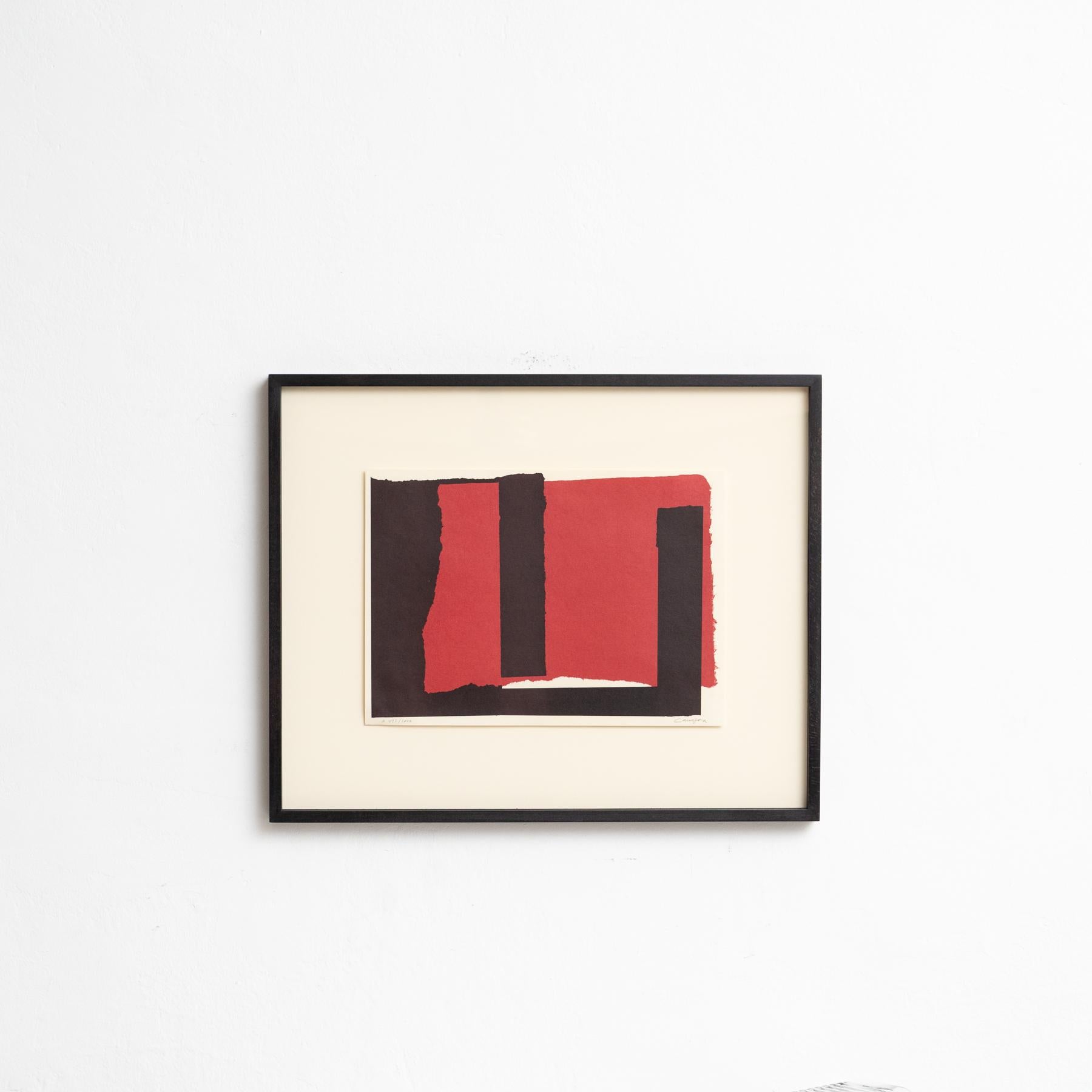 Mid-Century Modern Rafael Canogar Abstract Red and Black Framed Lithography on Paper, 1999 For Sale