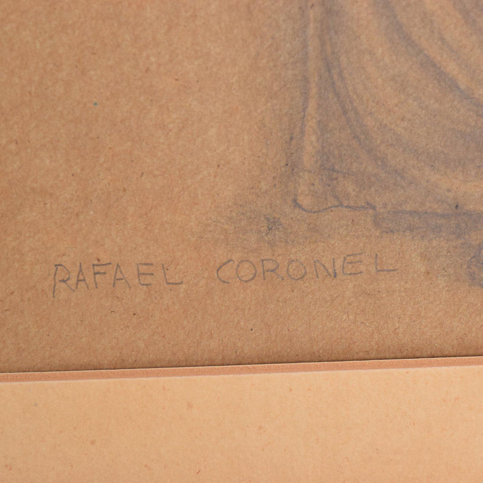 Rafael Coronel Drawing Pencil on Paper, Mounted Giltwood Frame In Good Condition In Chula Vista, CA