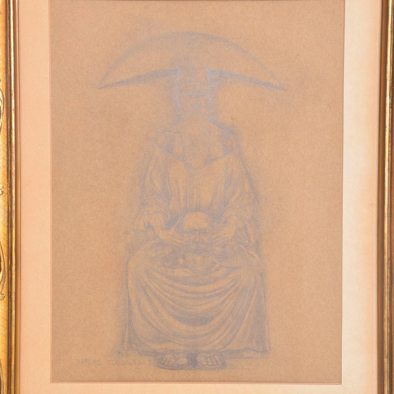Mid-20th Century Rafael Coronel Drawing Pencil on Paper, Mounted Giltwood Frame