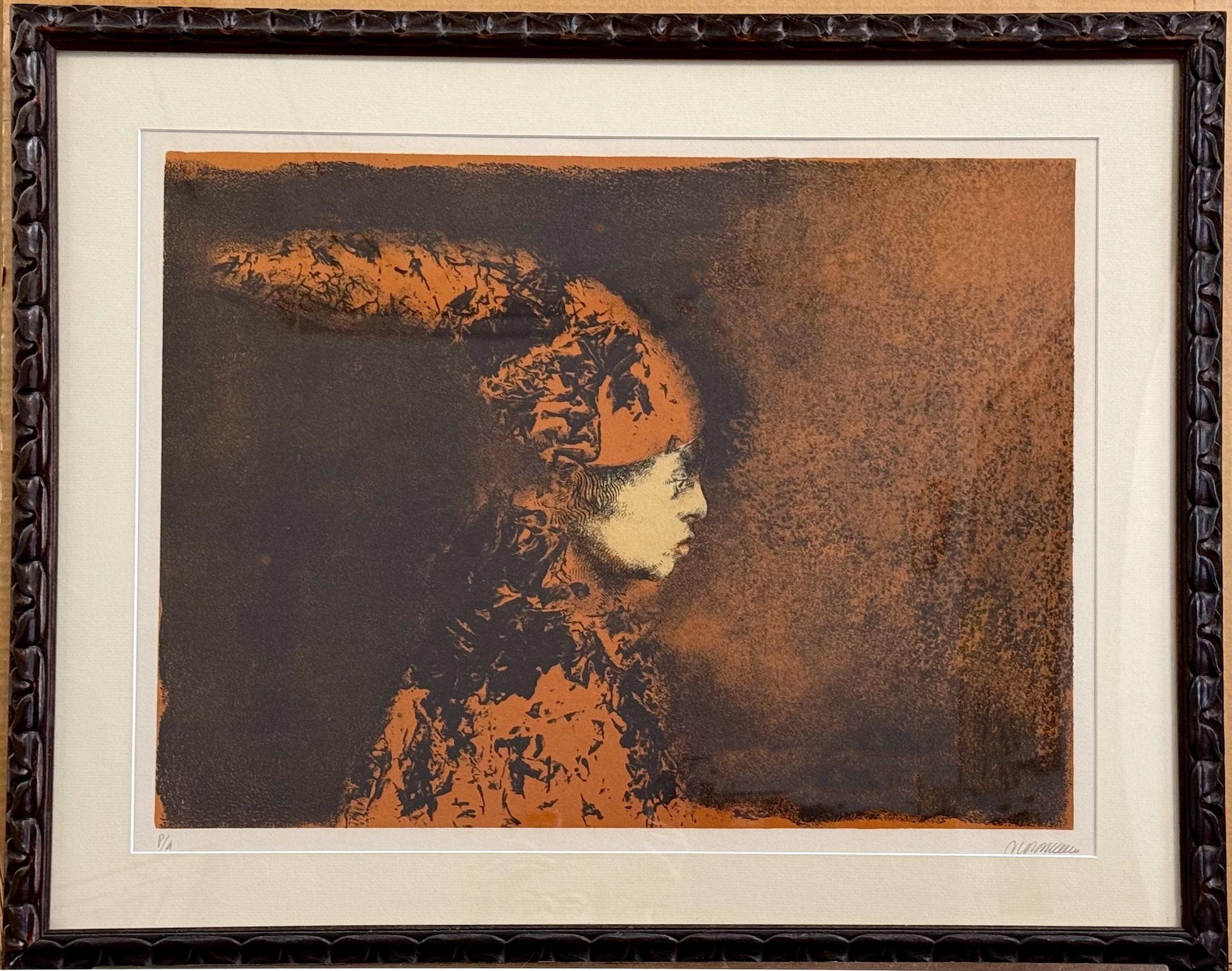 Niño Payaso, lithographie originale en pierre Portrait mexicain d'un enfant clown, rouille, noir en vente 5