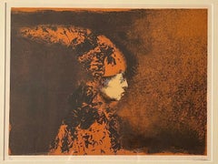 Niño Payaso, Original Stone Lithograph Mexican Child Clown Portrait, Rust, Black