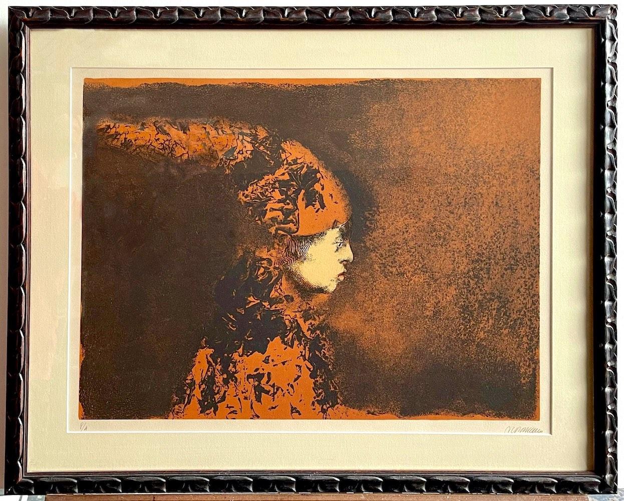 Niño Payaso is an original hand drawn stone lithograph by the Mexican artist Rafael Coronel. Niño Payaso was printed one color at a time on archival printmaking paper using traditional hand lithography techniques in Paris c.1973 from lithographic