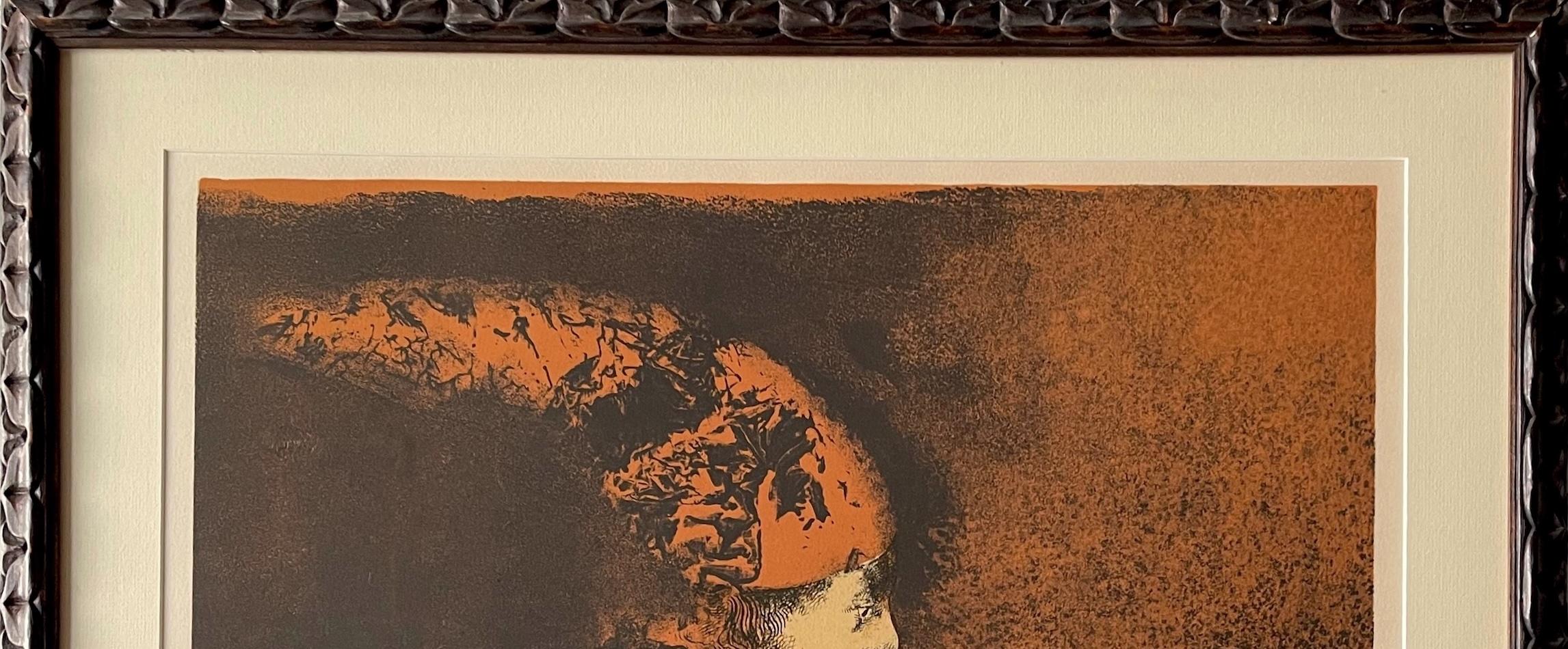 Niño Payaso, Litografía original en piedra Retrato de niño payaso mexicano, óxido, negro - Figurative Print Marrón de Rafael Coronel